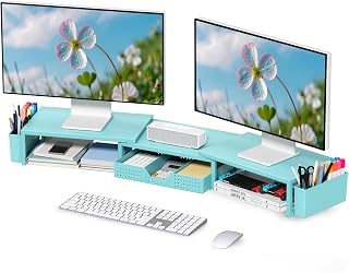 Desk Organizers and Accessories, Dual Monitor Stand Riser with Drawer and 2 Pen Holders, Desk Shelf Metal Computer Monitor Stand for Office Workspace Organizers, Desktop Organization (Blue)