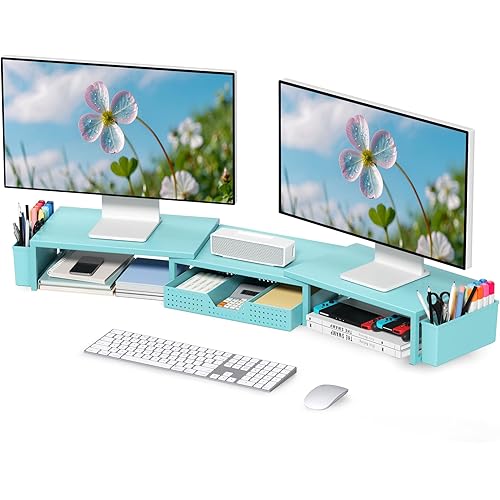 OPNICE Desk Organizers and Accessories, Dual Monitor Stand Riser with Drawer and 2 Pen Holders, Desk Shelf Metal Computer Monitor Stand for Office Workspace Organizers, Desktop Organization (Blue)