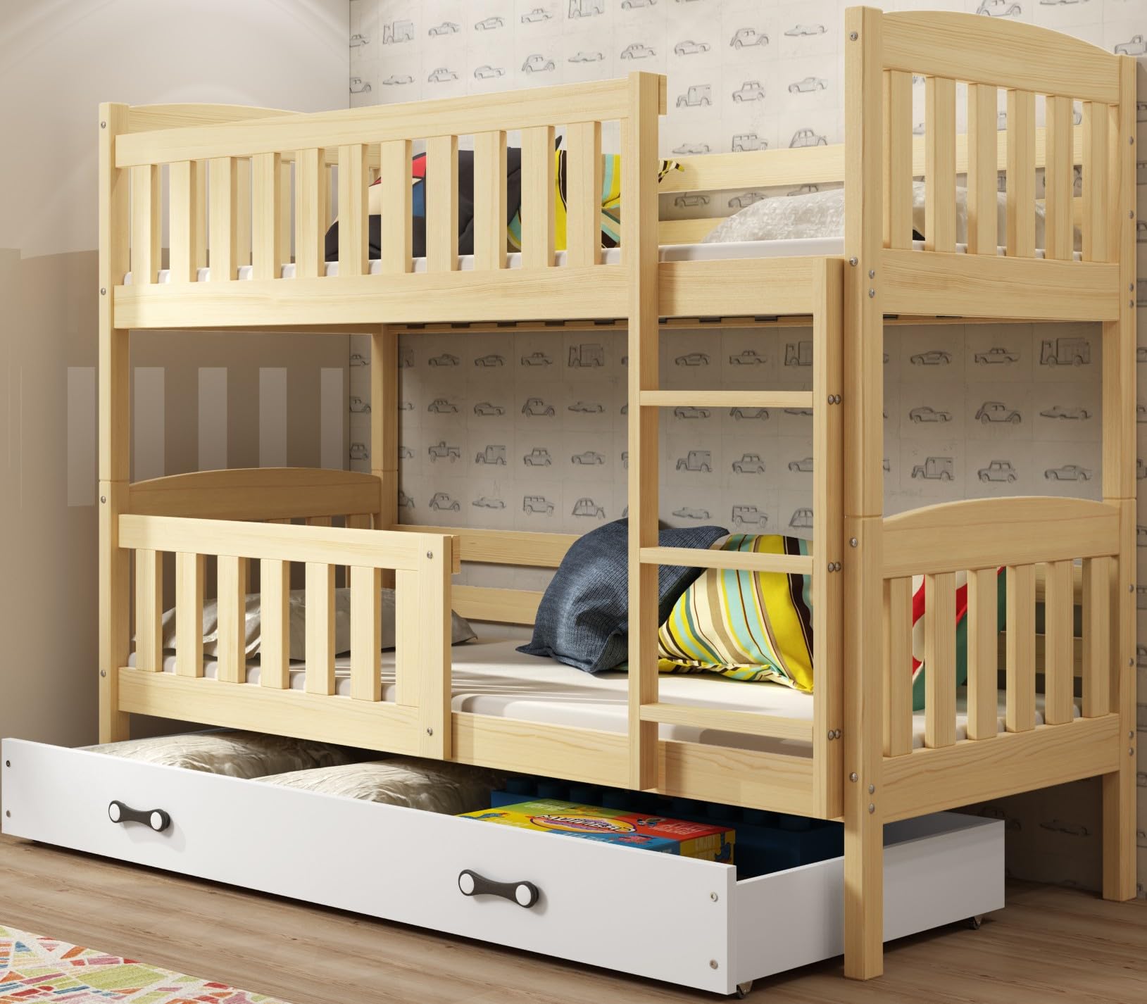 Interbeds Lit Superposé QUBA en Bois de Pin Massif, Barrière de sécurité, Sommier, Tiroir, Enfant et Adulte, séparable en 2 lit, 2 Places (Pin, 90x190)