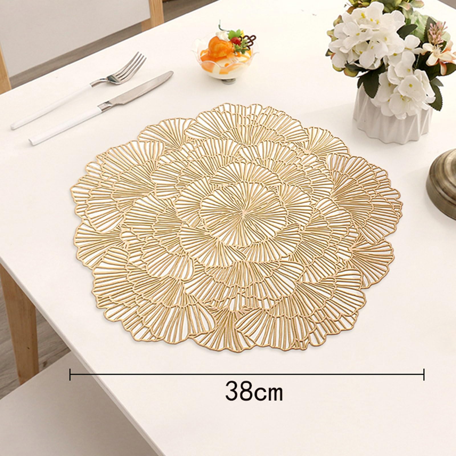 Juego de 10 manteles individuales de mesa, lavable, PVC, redondo, redondo, hueco, de estilo europeo, antideslizante, resistente al desgaste al calor, oro, 38 cm