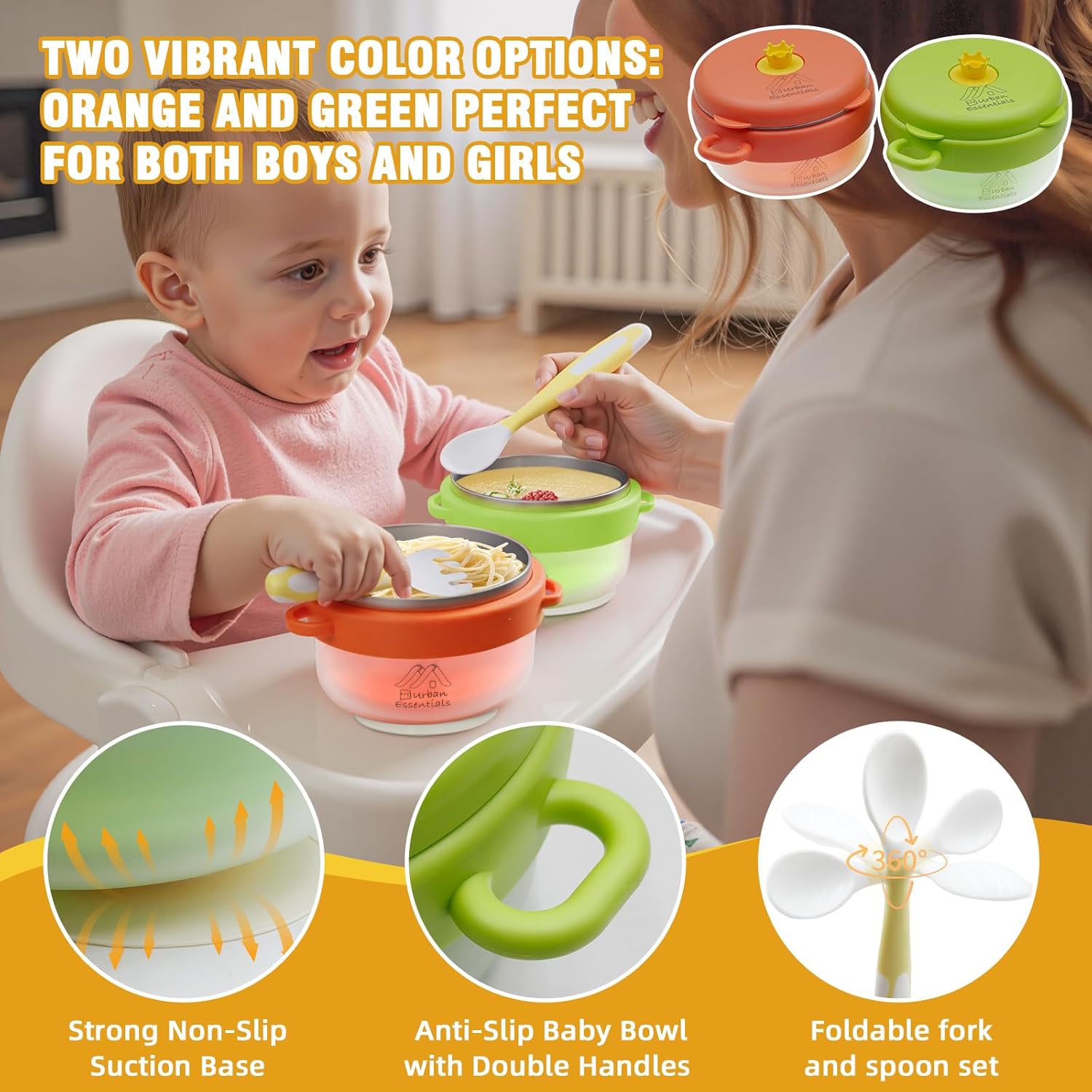 Baby Bowl with Suction, BPA-Free, Premium Food Grade 304 Stainless Steel, Thermo-Color Changing, Foldable Spoon & Fork, Non-Slip Handles for Babies, Toddlers, Kids (Green)