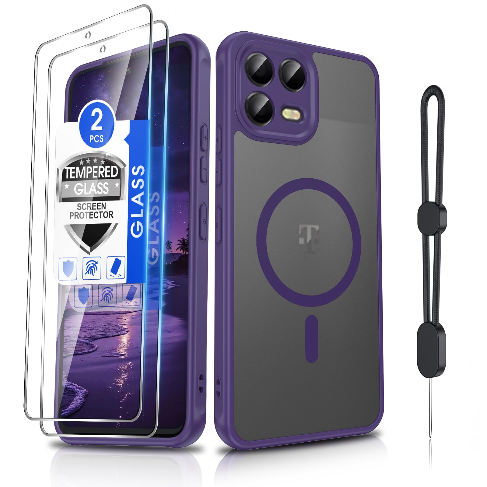 Dizn for T-Mobile Revvl 8 Pro Matte Case with Tempered Glass Screen Protector, Compatible with MagSafe Wireless Charging, with Strapb, Magnetic Shockproof Fundas Protective T-Mobile Revvl8 pro, Purple