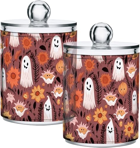 CHIFIGNO Halloween Spooks Sunflowers Qtip Dispenser Set of 2, Clear Plastic Apothecary Jars Makeup Brush Container for Cotton Ball, Swab, Floss,
