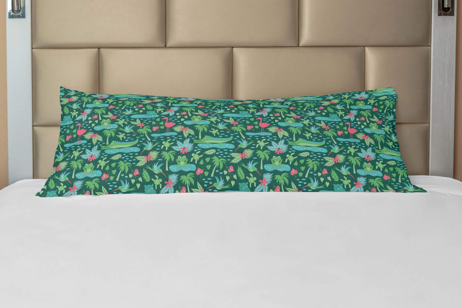 Lunarable Frogs Body Pillow Case Cover with Zipper, Tropical Jungle Design with Frog Flamingo Turtle Crocodile Hummingbirds, Decorative Accent Long Pillowcase, 21" x 54", Teal Green