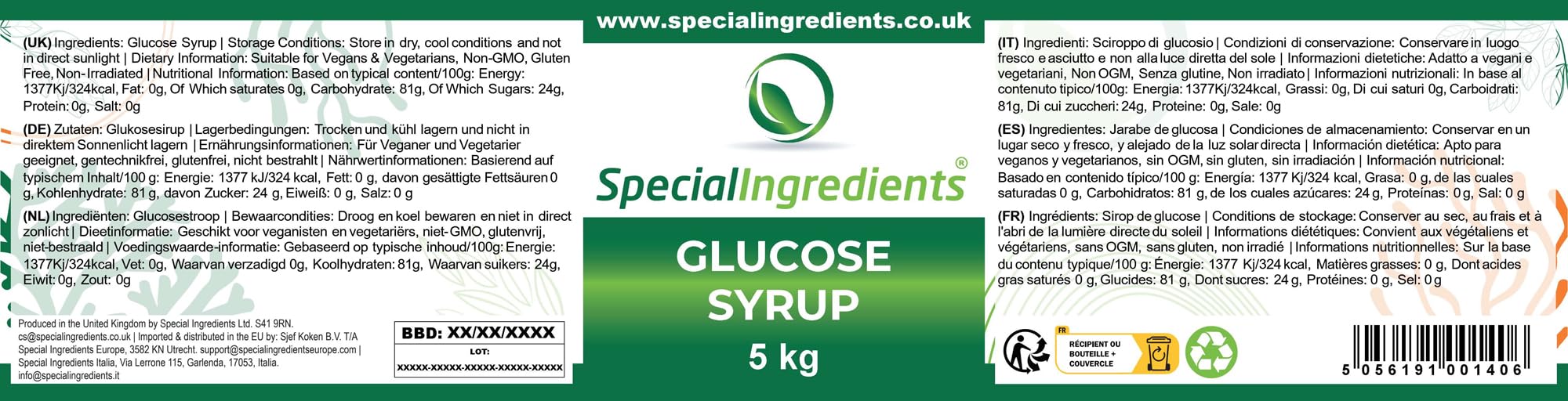Special Ingredients Glukosesirup, D-Glukose, 5 kg | D-Glukose Maissirup für Marmeladen, Desserts, Kuchen & Eiscreme, Vegan, Glutenfrei, GVO-Frei, Koscher, Halal