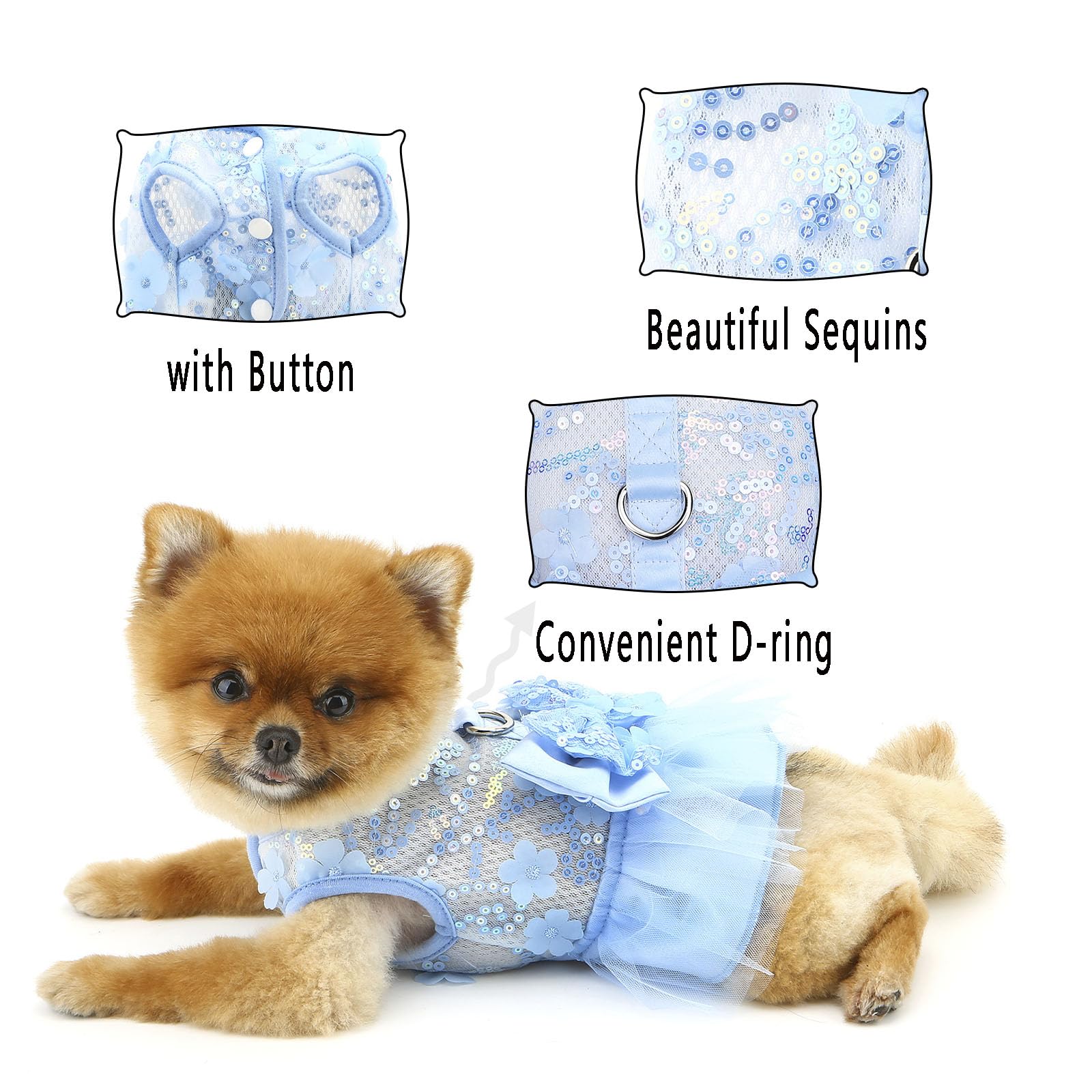 PAIDEFUL Dog Dress,Luxury Bow Princess Tutu Dresses for Girl Dogs Cute Fashion Mesh Pet Skirt with Sequins Flower Cat Puppy Clothes Wedding Party Outfits Chihuahua Apparel Button up D-ring,Blue,M - Image 2
