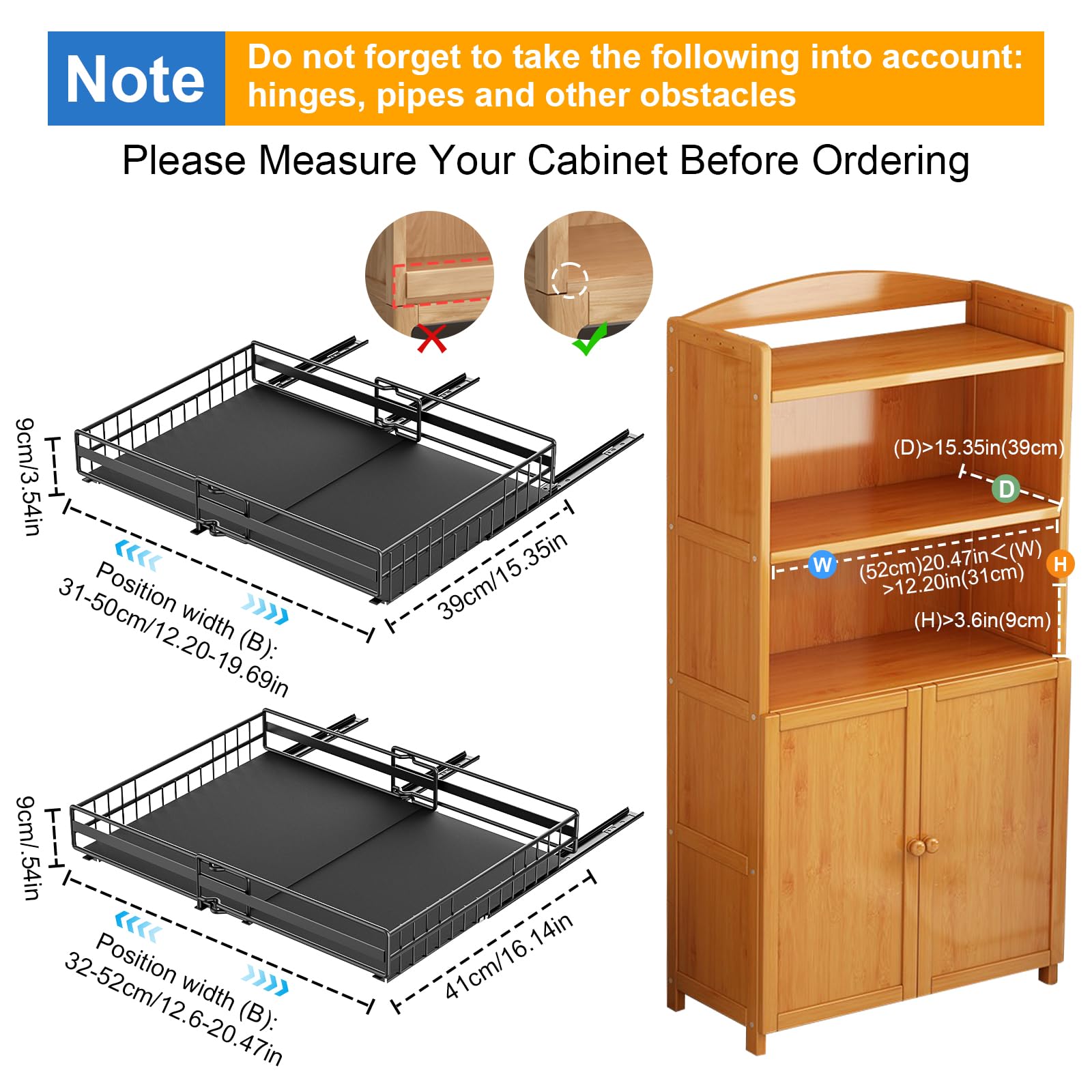 2 Stück Teleskopschublade Ausziehbare Schublade Küche Schubladen Küchenschrank Organizer Küche mit Klebestreifen Ausziehbar Schrank Organizer Kein Bohren Expandierbare Breite 31-50cm/32-52cm (Schwarz)
