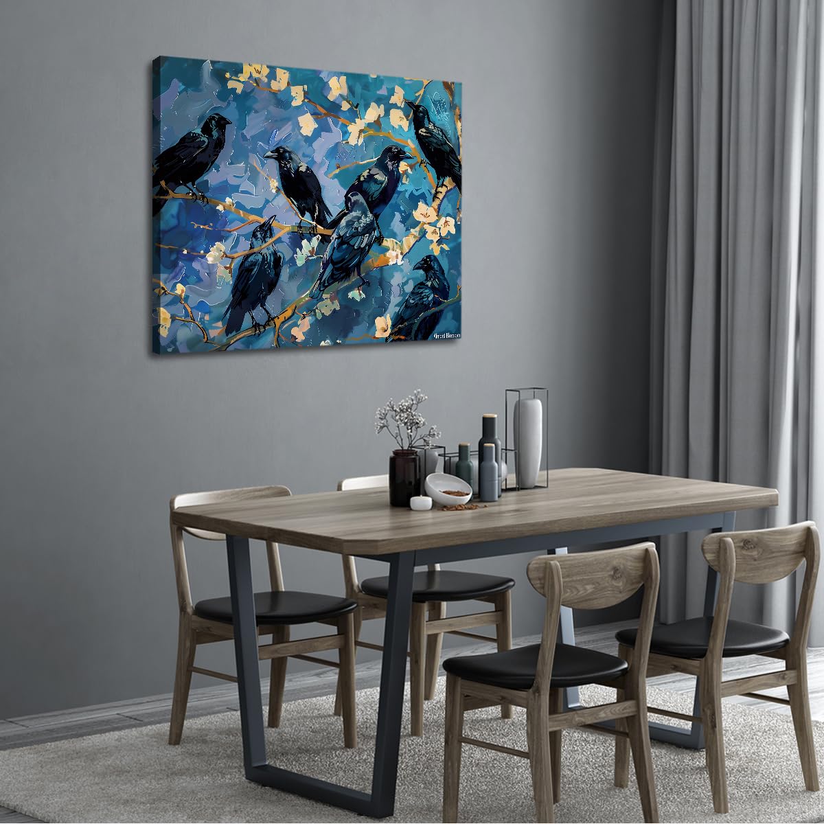 CHERHERART Black Crows Blossom Branch Leinwand Wandkunst Goldene Zweige Blumen Posterdrucke für gotisches Arbeitszimmer Wohnzimmer Blumenvögel Leinwanddekoration 80x100 cm ohne Rahmen