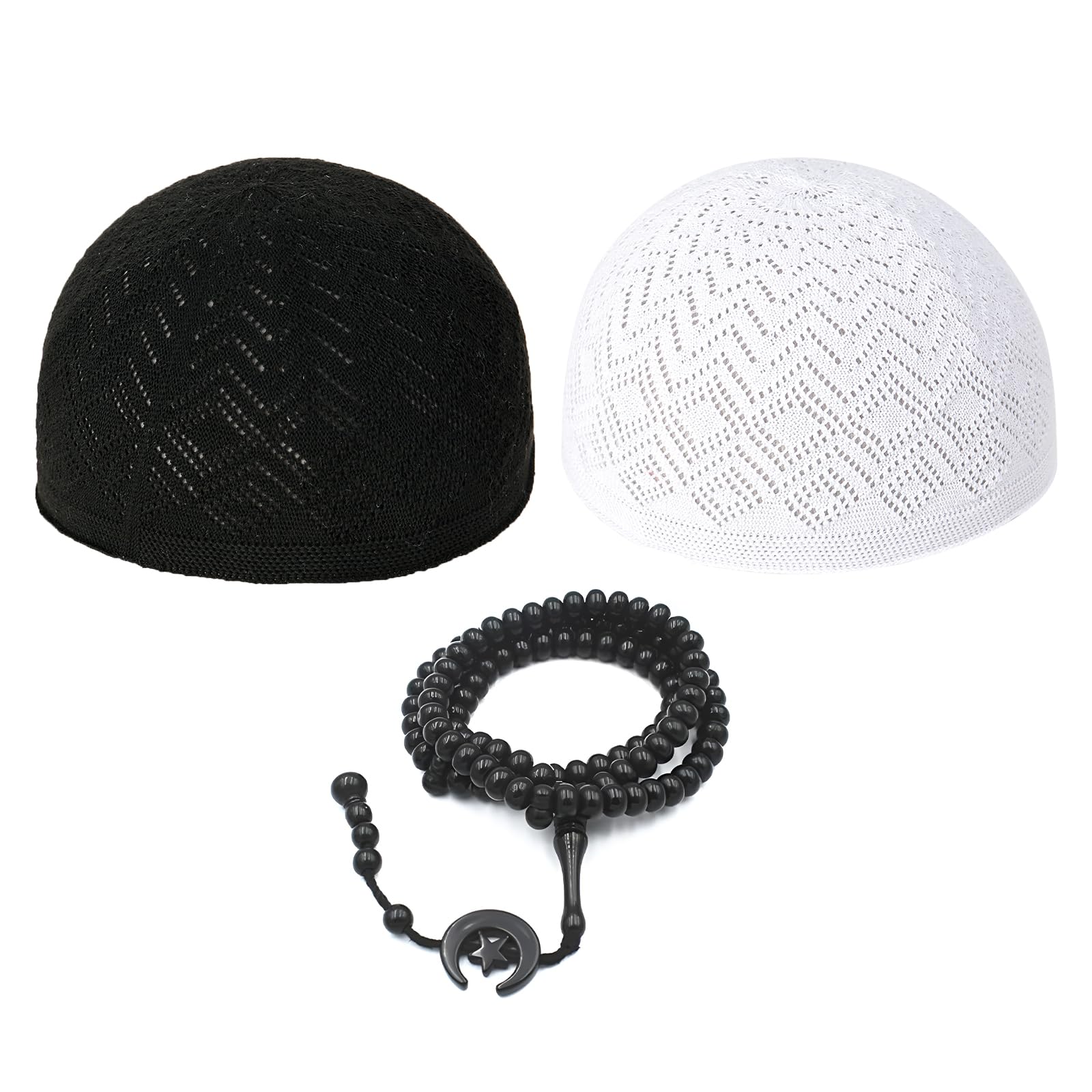 Ylucky2PC Muslim Kufi Hats with Handicraft Taqiyah Islamic Prayer Beanie Skull Cap Tasbih Beads Embroidery Kofia Topi Hat