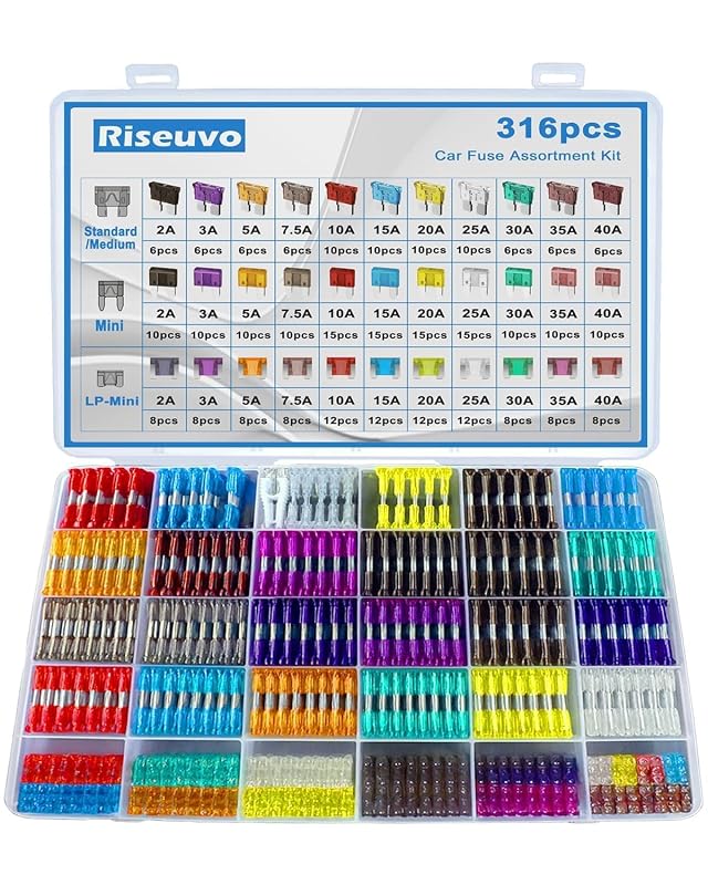 Kit de Fusíveis Automotivos de Lâmina Riseuvo Standard, Mini e Low Profile Mini 2A a 40A com Extrator – 316 peças