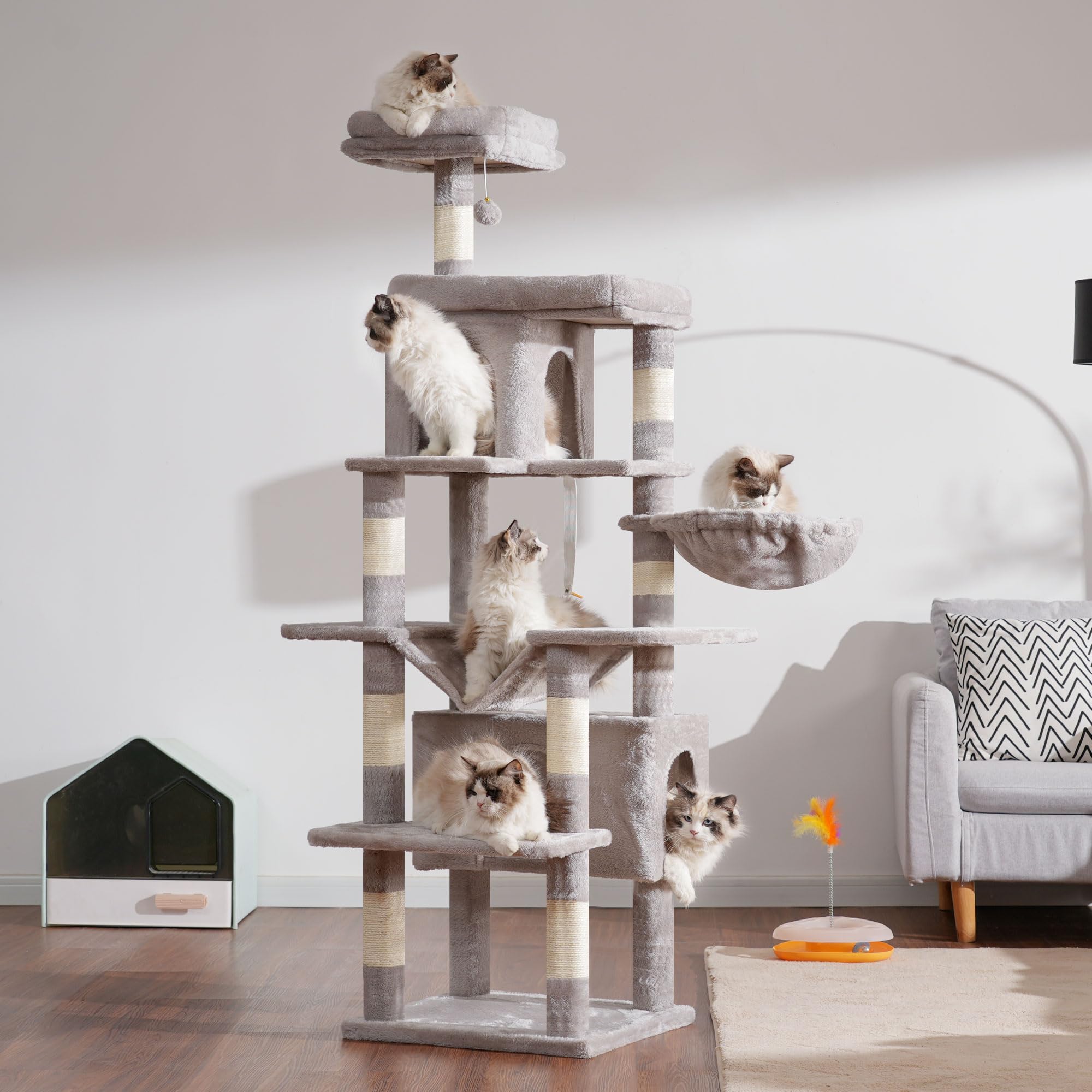 Heybly Arbre À Chat, De 178 cm De Hauteur, Colonne À Griffer pour Les Chats D'Intérieur, Arbre À Chat Multi-Étagé avec 8 Colonnes À Griffer, 2 Trou, 2 Plateformes, Hamac, Panier, Gris Foncé HCT036W