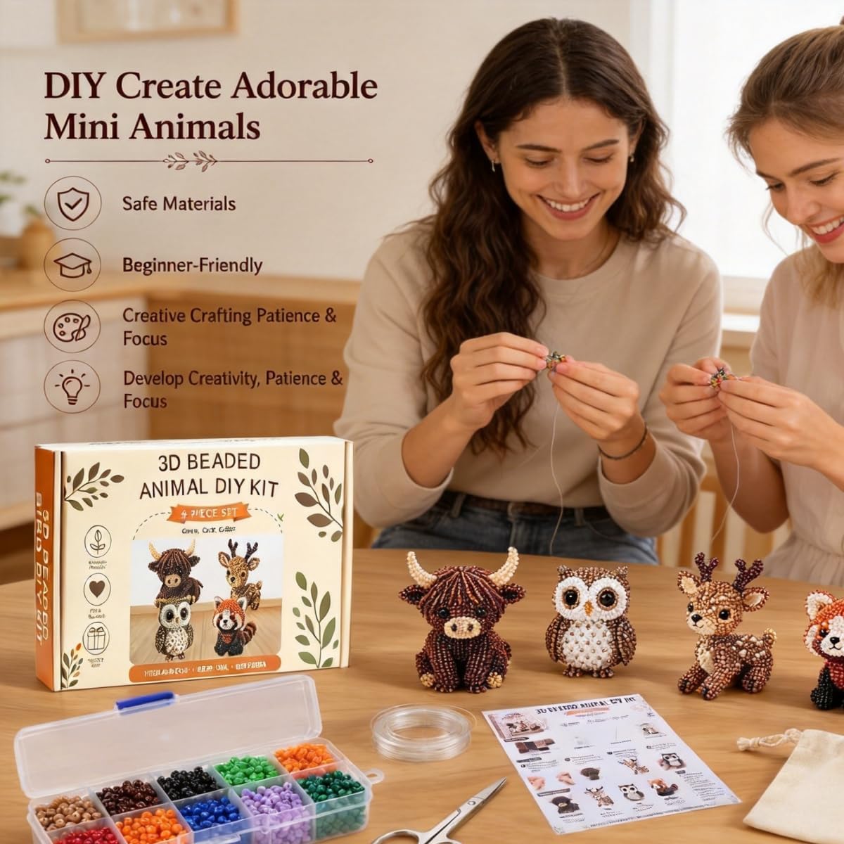 Cmengleo Easy DIY 3D Beaded Animals Kit - Woodland Friends Craft Set for Beginners | 4 Cute Animal Designs with Step-by-Step Instructions