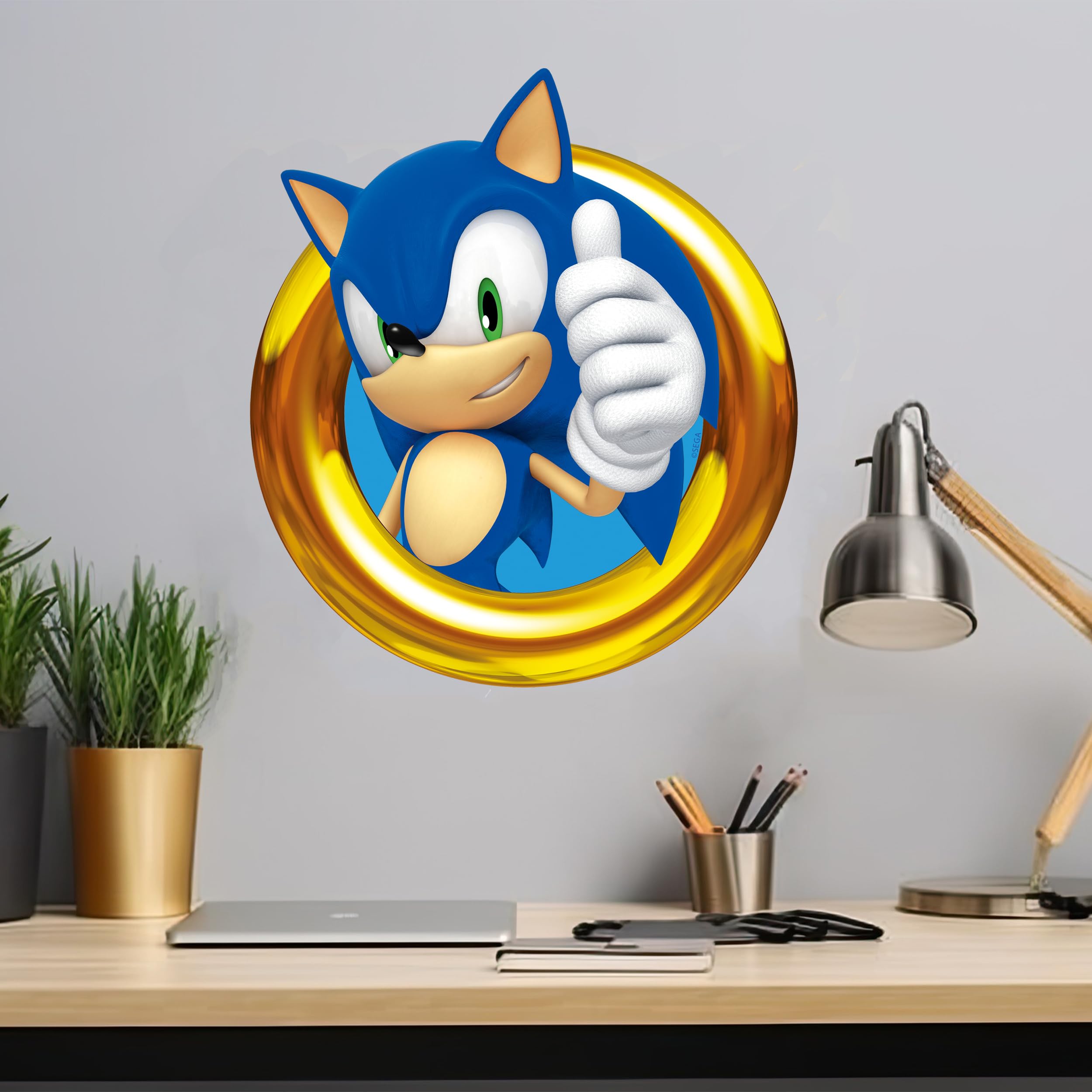 Themed Blue Sonic The Hedgehog Wall Sticker - Sonic In Gold Ring Thumbs Up Wall Art (90Cm Width X 90Cm Height)