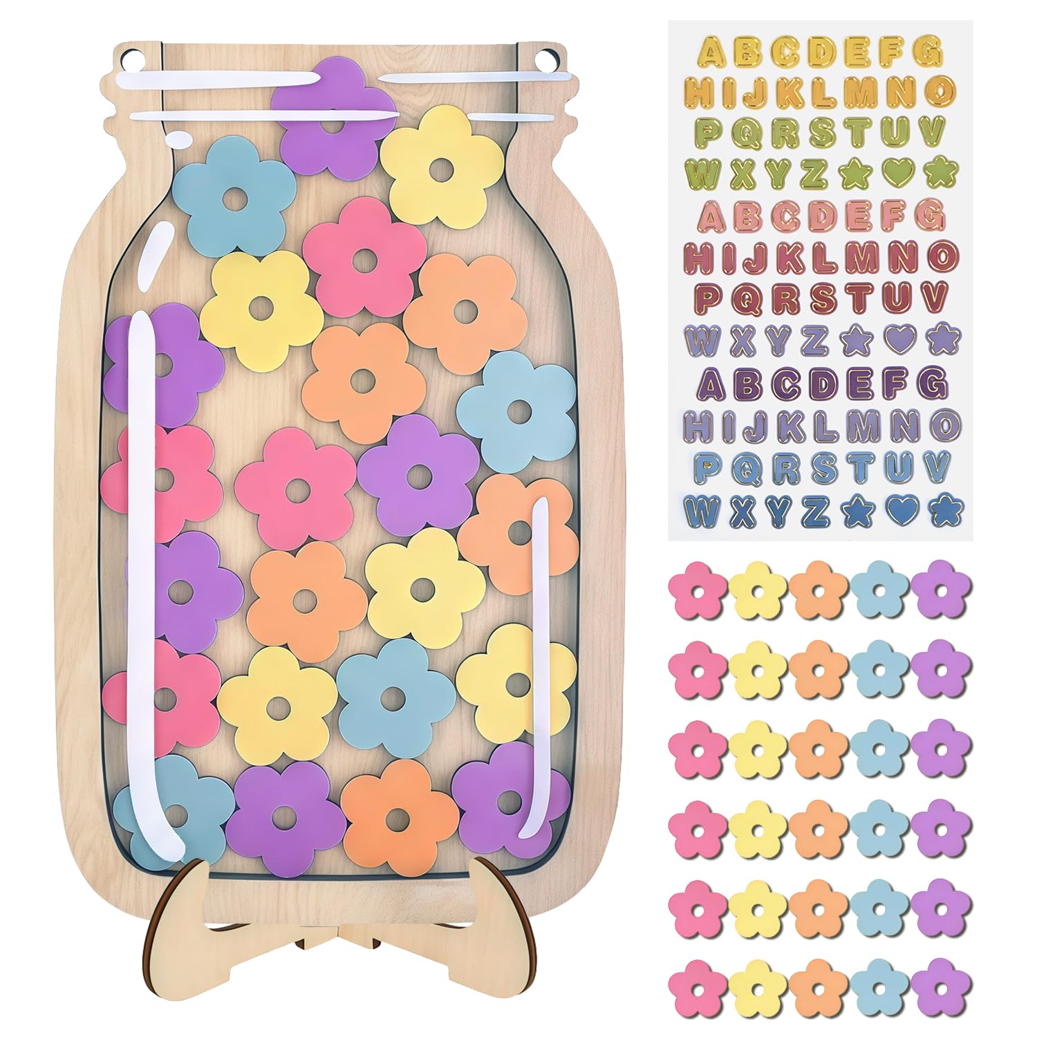 Wooden Reward Jar with 30 Flower Tokens & Stickers | Potty Training Reward Chart for Kids | Home Classroom Behavior System — image 1