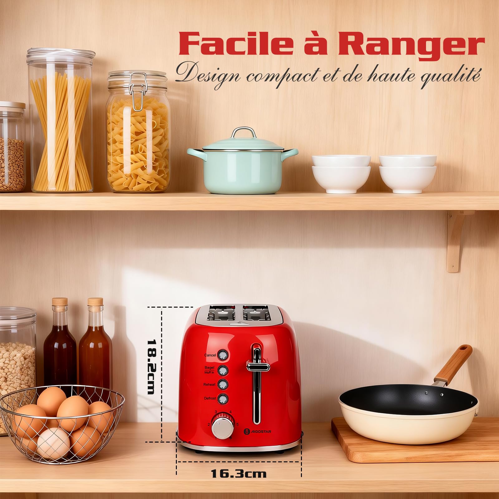 Aigostar Grille Pain, 2 Fentes Extra-Larges, Vintage Inox Rouge, Fonction Bagel/Décongélation/Réchauffage/Annulation, 6 Niveaux de Dorage, Tiroir Ramasse-Miettes Amovible, 800W