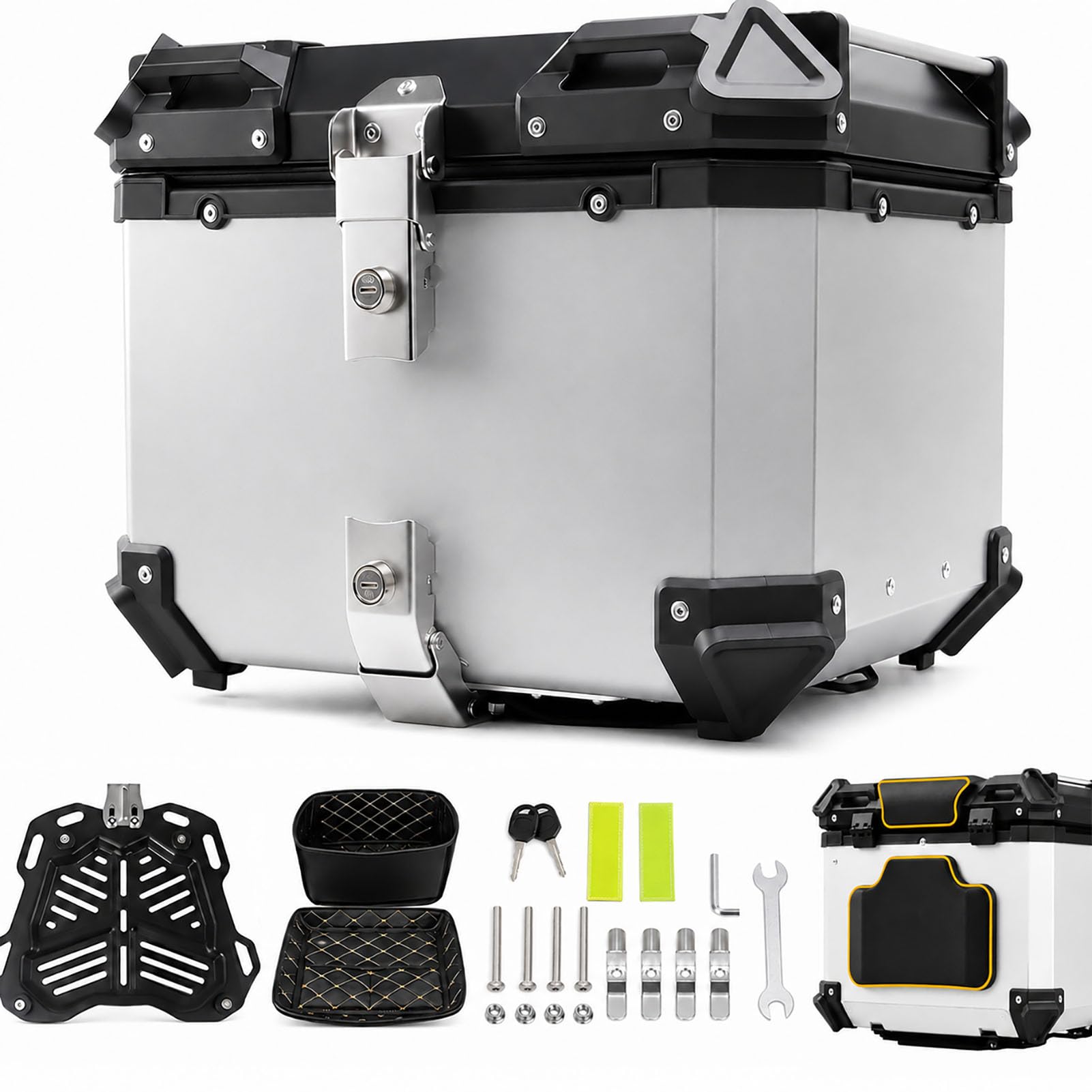 Baúl Moto y Scooter de Aluminio, Top Case Moto con Cerradura, Respaldo, Forro Interior y Base de Liberación Rápida, Maleta Trasera Resistente al Agua para Casco,Plata,45L