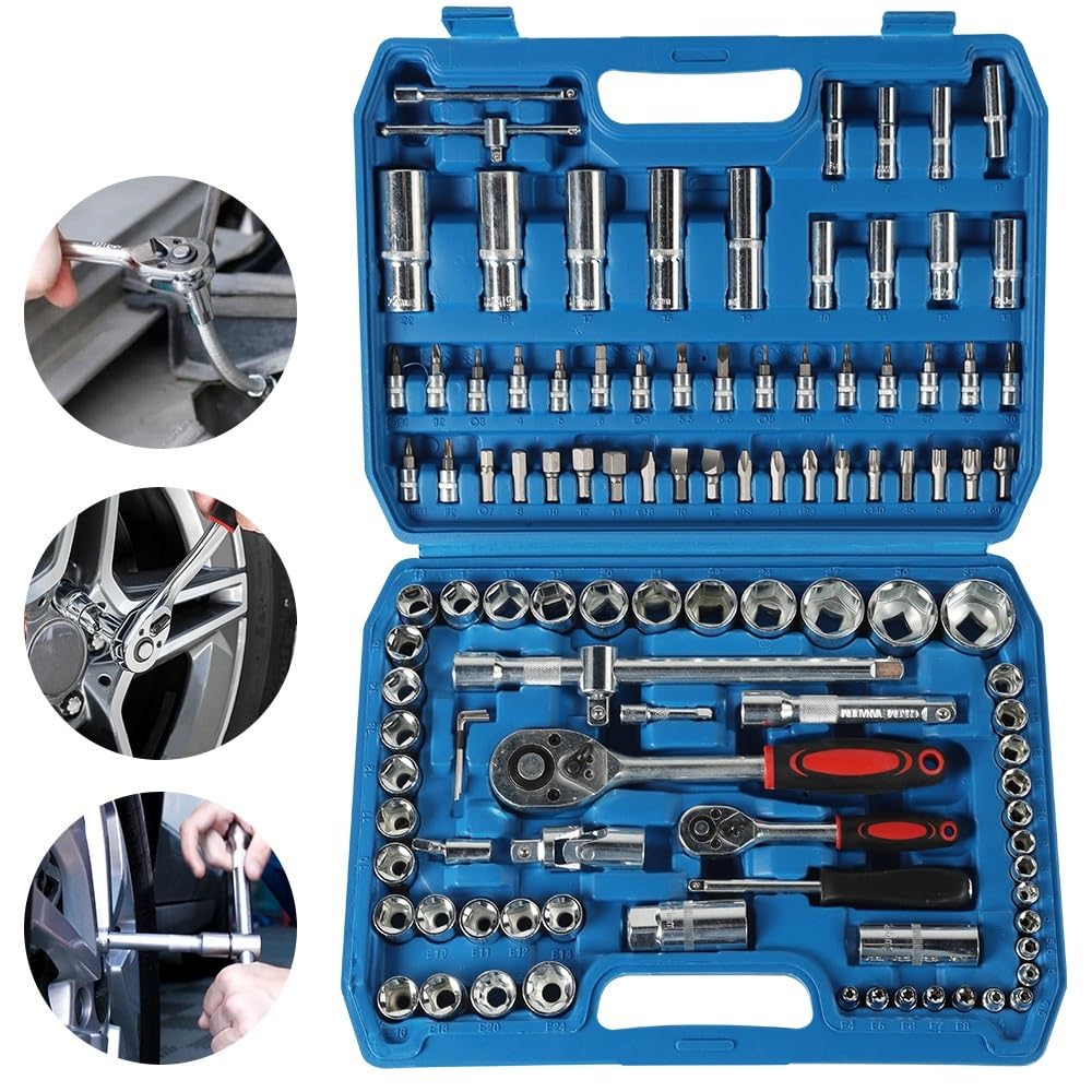 Zestaw kluczy nasadowych z grzechotką 108 szt. Zestawy narzędzi do naprawy samochodu dynamometryczny Zestaw przedłużek(Blue)