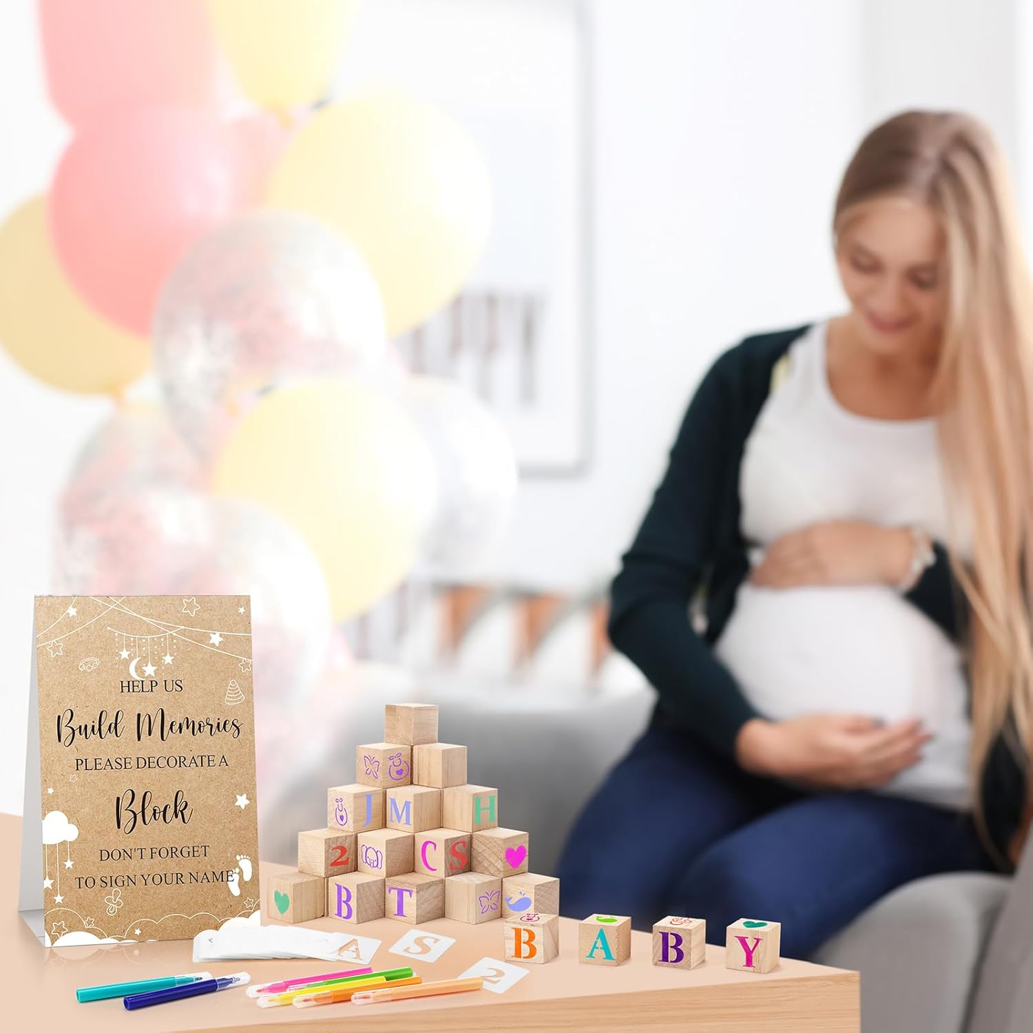 Wonderjune 147 Pcs Baby Shower Blocks Games Sets, 80 DIY Blank Wooden Block 42 Stencils 24 Watercolor Marker 1 Decorate a Block Game Sign for Gender Reveal Baby Shower Party Supplies(Kraft)
