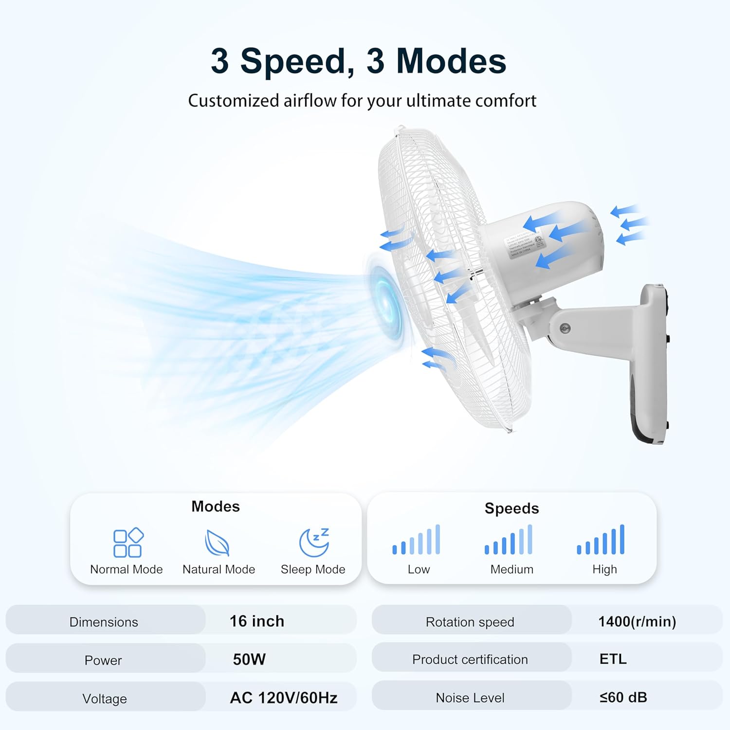Xcity 16 Inch Wall Mounted Fan with Remote Control, 3 Speeds, 3 Modes, Timer, 90° Oscillating & 60° Adjustable Tilt, High Velocity, Quiet, Space Saving & Powerful Fan for Home, Bedroom, Office