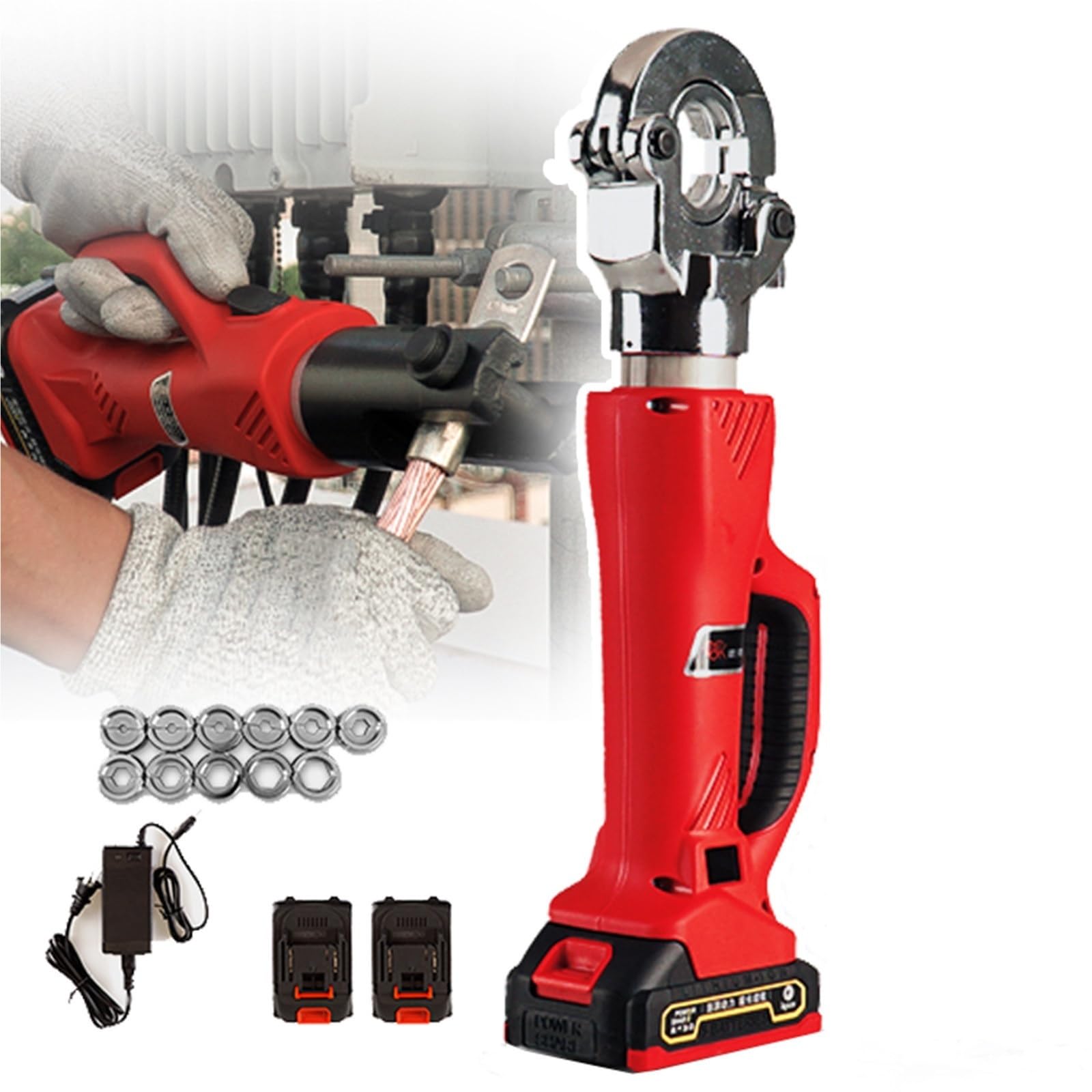Herramienta de Crimpado Hidraulica Electrica 16-300mm² - Prensa a Bateria para Terminales de Cobre y Aluminio - Alicates Portatiles Ligeros - Pantalla LED y Luz LED Kit