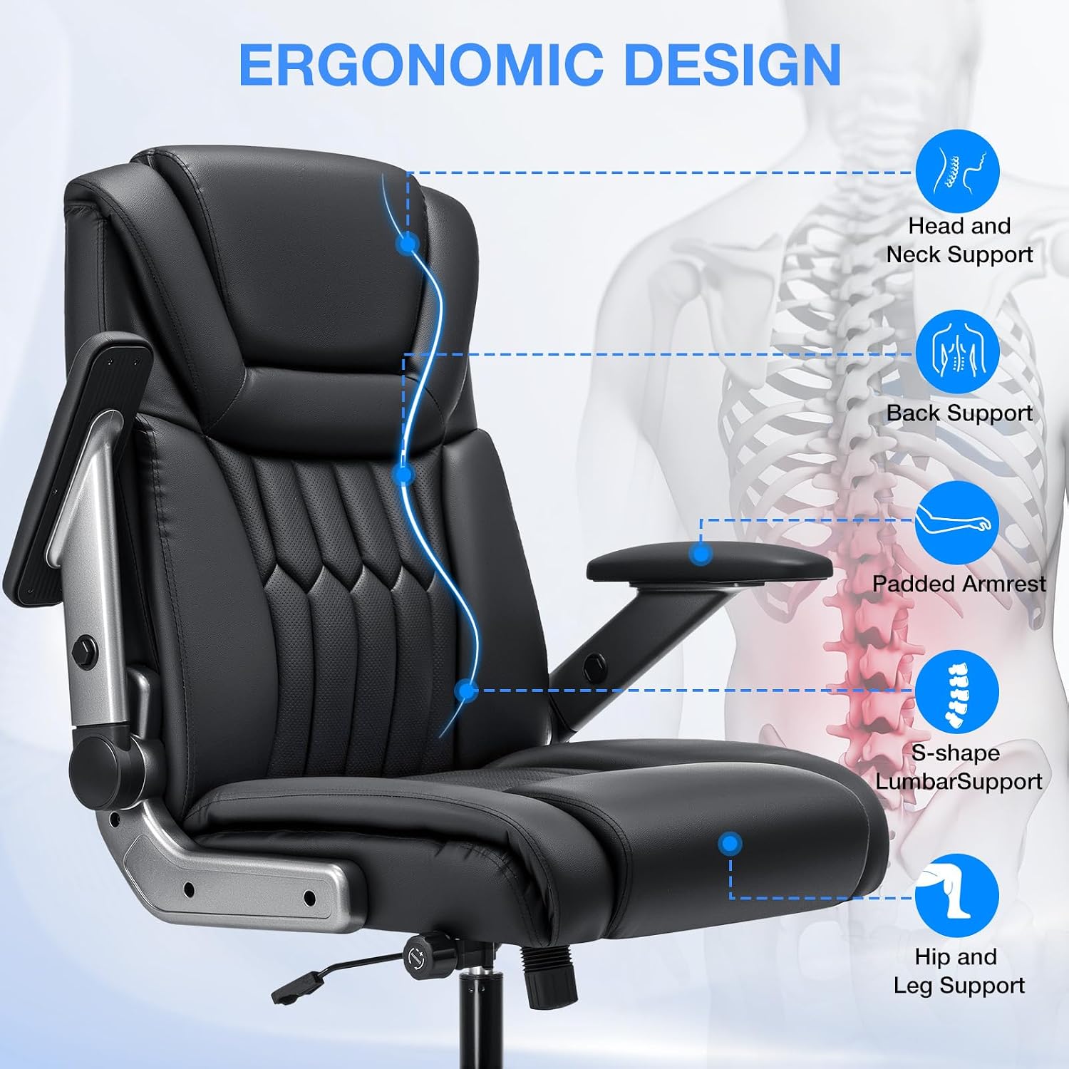 HOFFREE 500lbs Office Chair Big and Tall with Adjustable Lumbar Support and 4D Flip Arms, Extra Wide Seat Ergonomic Executive Desk Chairs for Heavy People Black