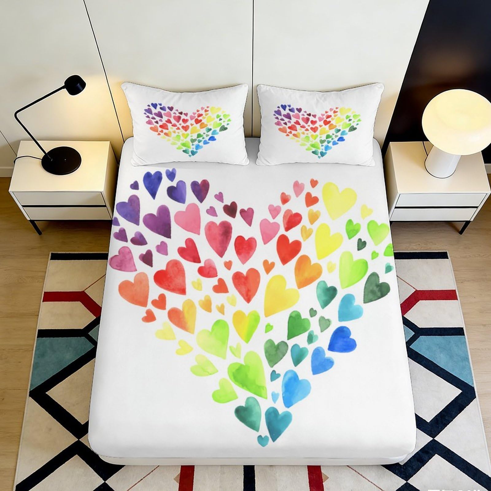 3D Printed Rainbow Heart Fitted Sheet Microfiber Soft Multicolour Love Mattress Cover Bedroom Decor 90x200x25cm