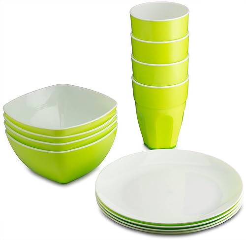Juego de vajilla de plástico reutilizable (12 piezas) – Ideal para niños. Platos de plástico duro, lazos y tazas en colores verdes – Cubertería y