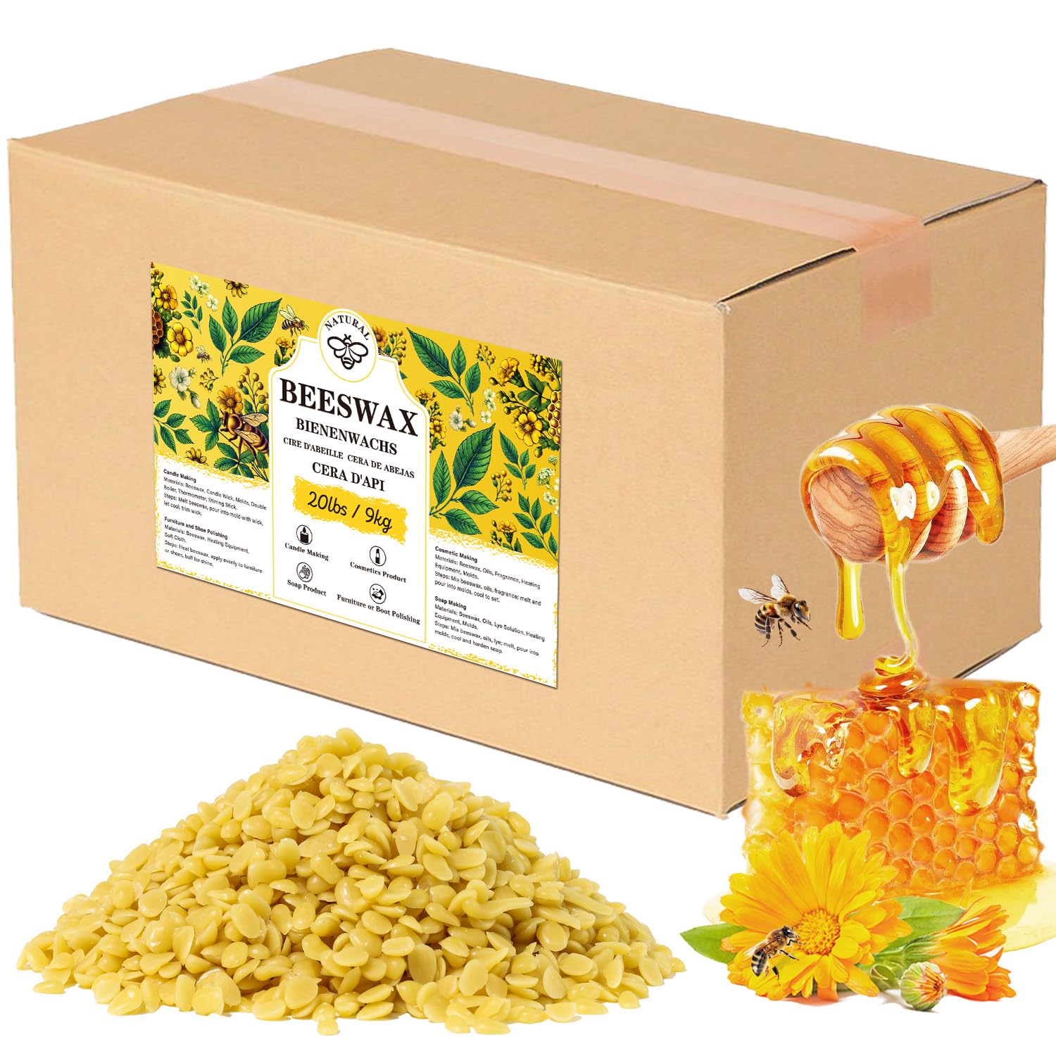 Beeswax pellets 20LB, VEGISHINE Pure Beeswax for Skin, Natural Yellow Beeswax for Candle Making, DIY Skin Care, Lip Balm, Polishing, Lotion, Soap,