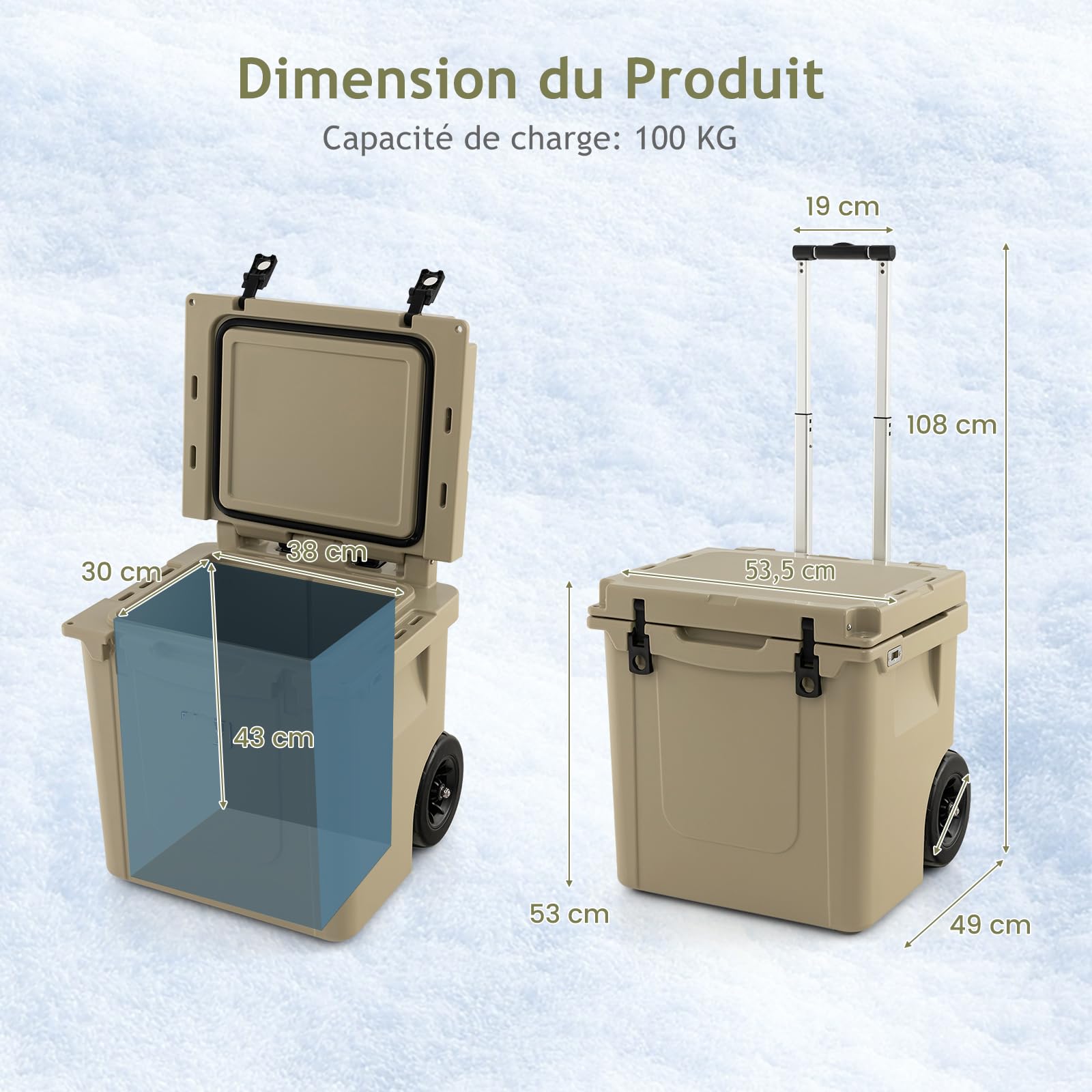 GYMAX Glacière Portable à roulettes 43 L, Boîte Isotherme avec Roues & Poignée Réglable en 3 Positions & Verrouillage & Trou de Drainage, pour Camping/Pêche/Voyage/Pique-Nique