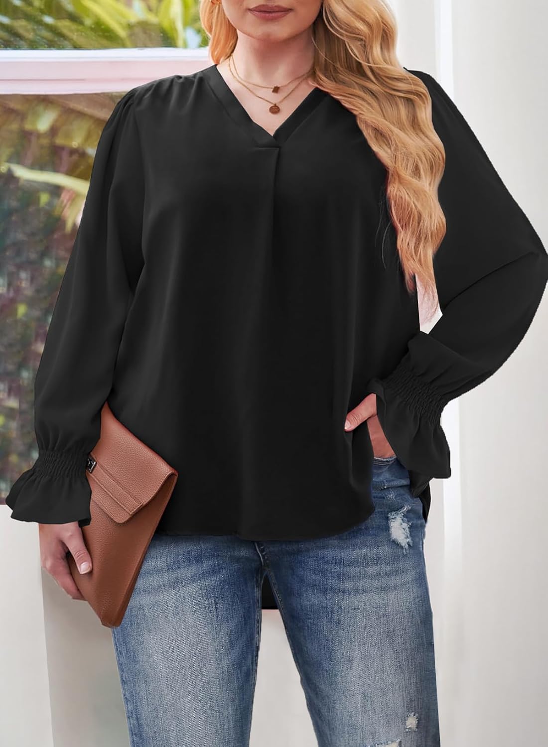 Eytino Plus Size Tops for Women Sexy V Neck Smocked Long Sleeve Blouse Loose Casual Work Shirts(1X-5X) - Image 3