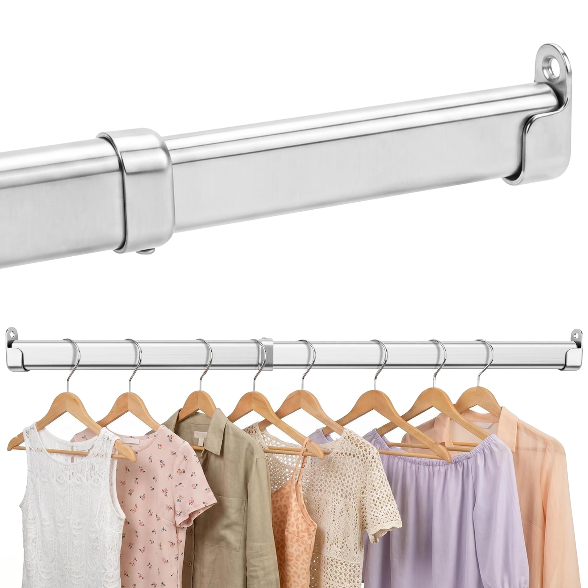 Flat Oval Telescopic Wardrobe Rail, Heavy Duty Stainless Steel Extendable Closet Rod, Adjustable Clothes Hanging Rail with U-Shaped End Supports, Rust-Resistant Chrome Finish 86-158CM