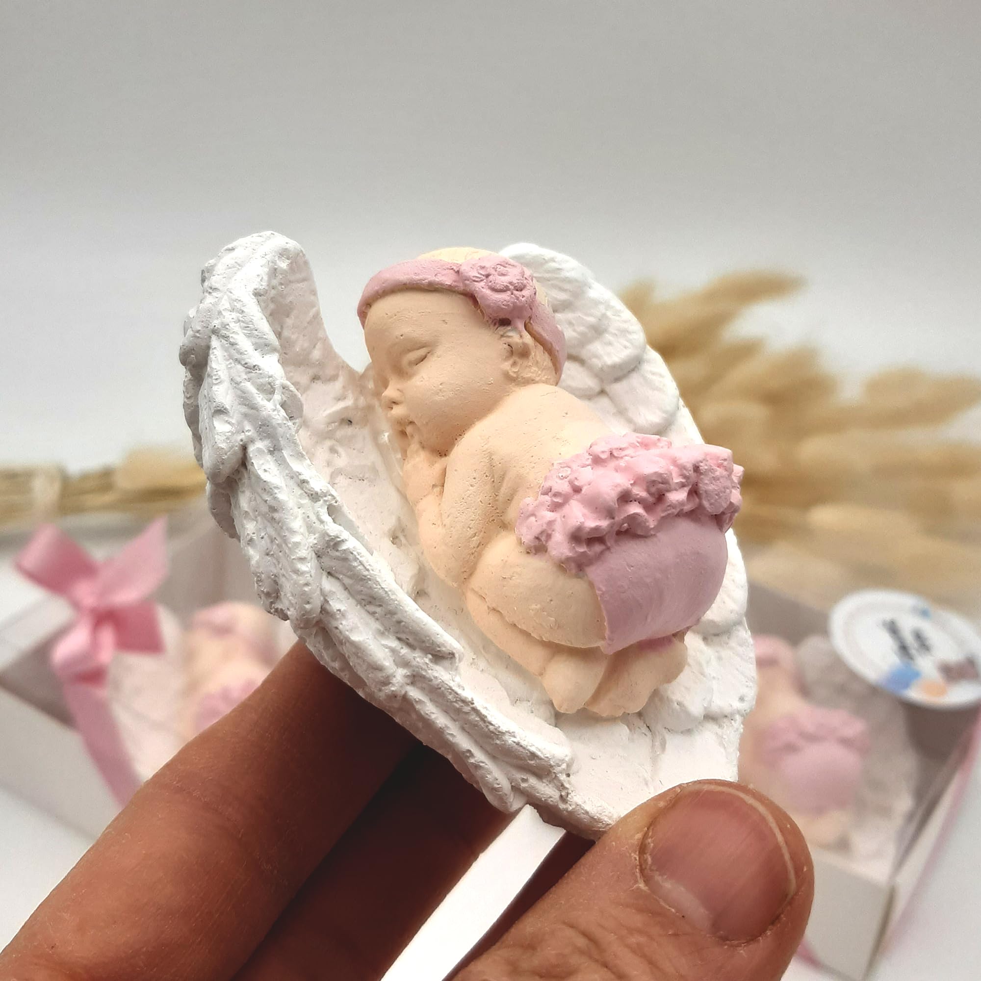 detalles bautizo para invitados, recuerdos bautizo 40 piezas niña niño bebe de piedra imanes detalles comunion para invitados, regalos originales bautizos para recien nacido (Bebé rosa ala blanca)