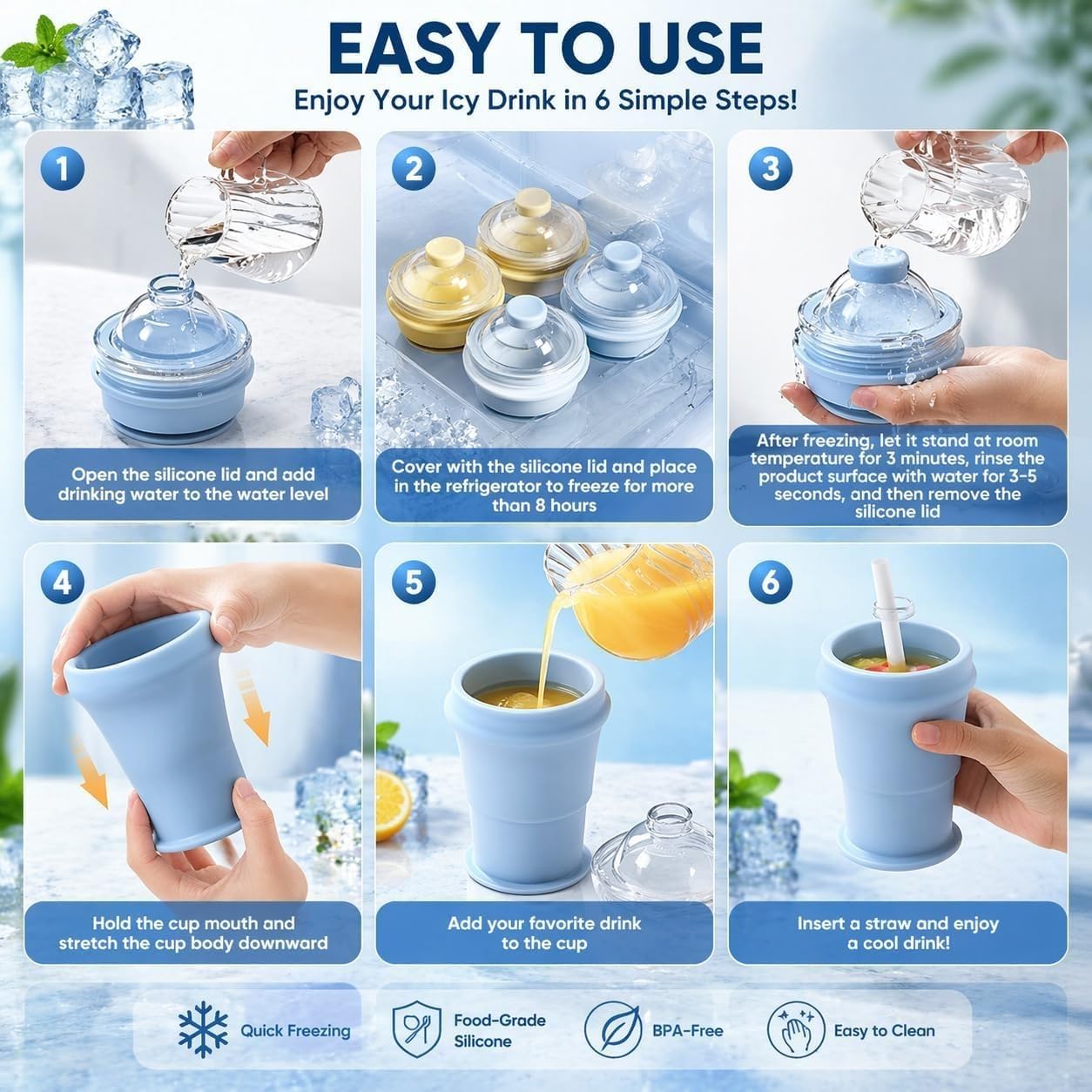 Tasse pliable en silicone avec couvercle et paille, gobelet de voyage portable pour whisky, café glacé, jus, design étanche, avec moule à glace pour un démoulage facile
