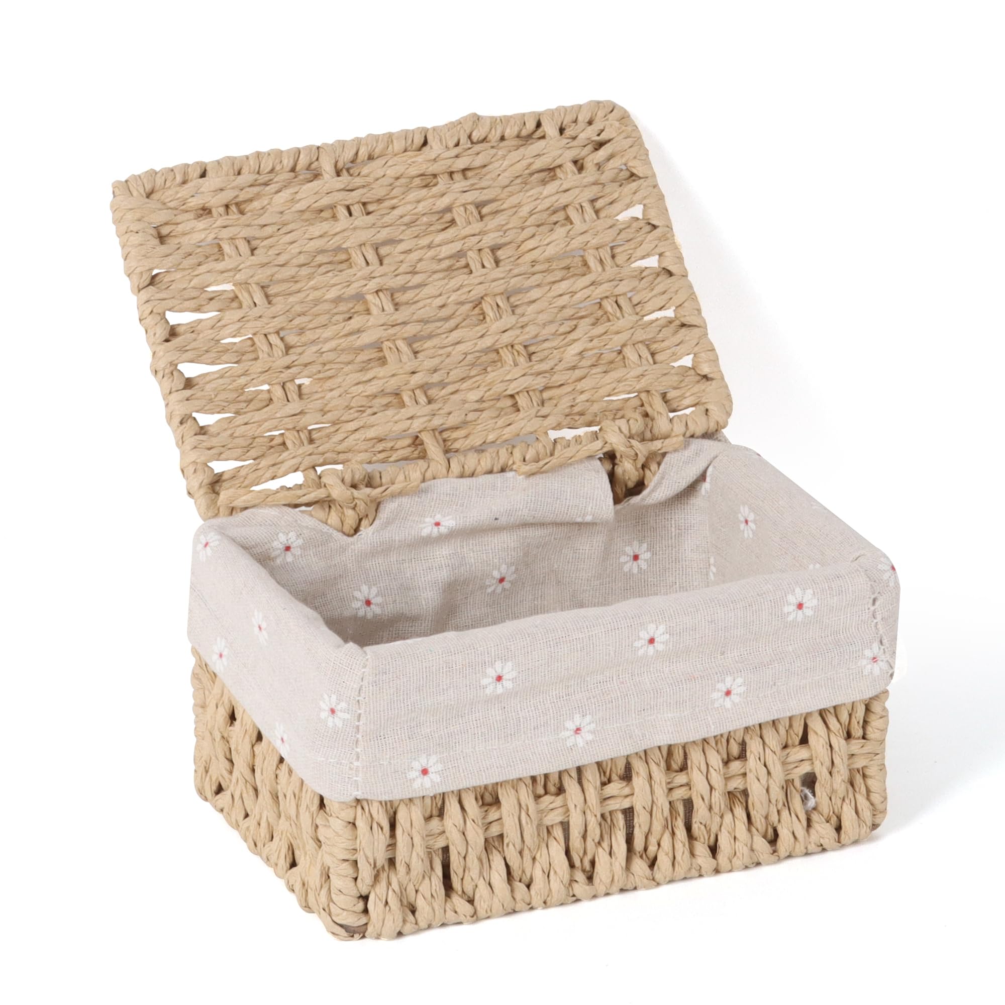 FEILANDUO Mini Wicker Shelf Baskets Bin with Lid, Handwoven Paper Rope Baskets for Organizing, Rectangular Basket for Storage, Desktop Boxes with Lids Home Organizer Decor (Khaki, XS-18 x 12 x 9.5cm)