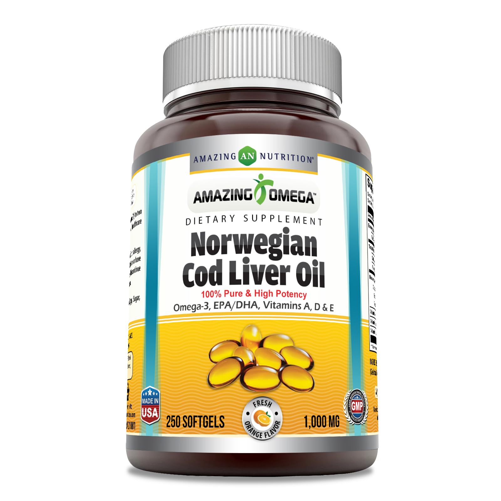Amazing Omega Norwegian Cod Liver Oil 1000 Mg Softgels Supplement | Omega-3, EPA, DHA, Vitamin A, Vitamin D & Vitamin E (Orange | 250 Count)