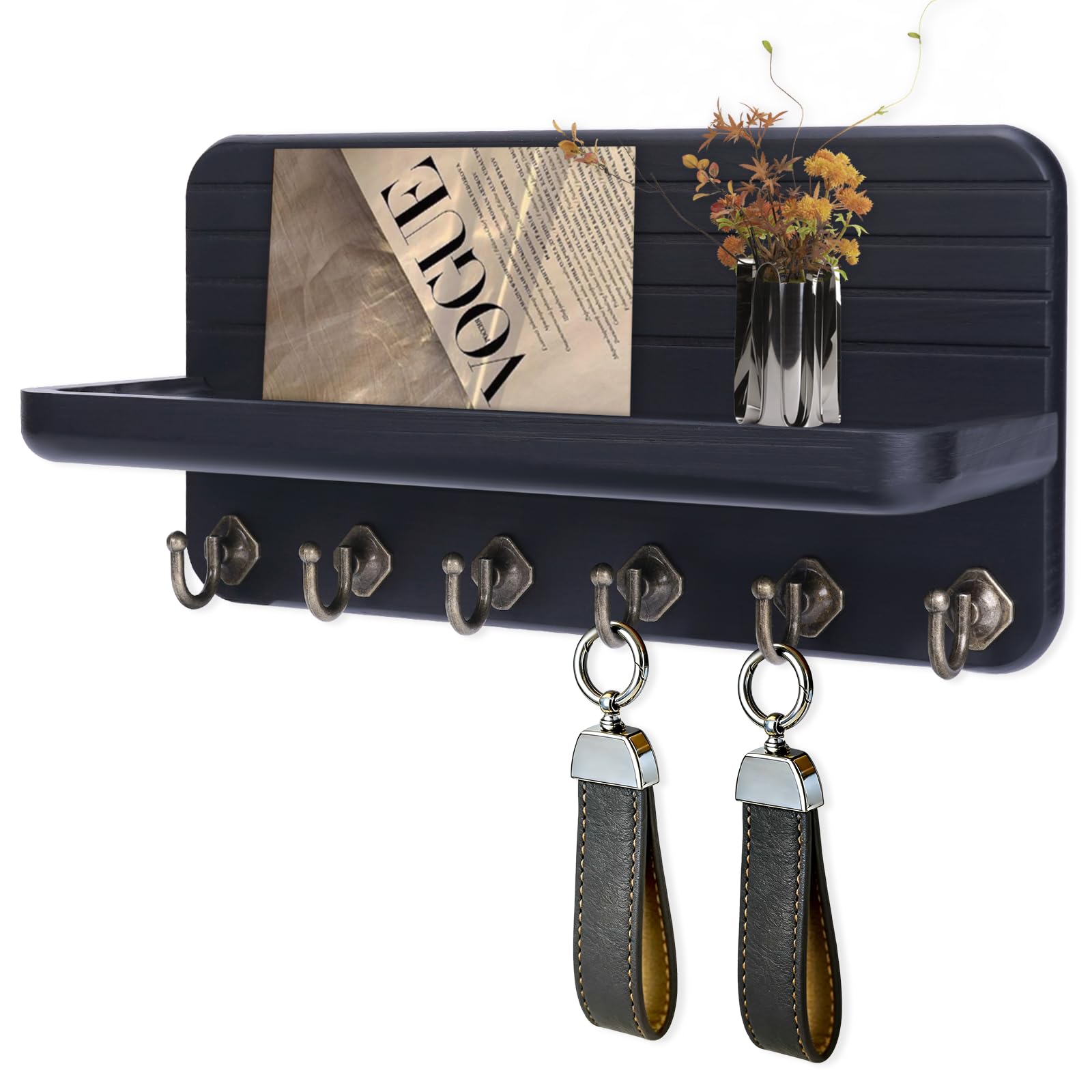 Key Holder for Wall, Mail Organizer Wall Mount with 6 Hooks Wooden Hanging Key Rack for Home Decor, Hallway, Entryway (Black)