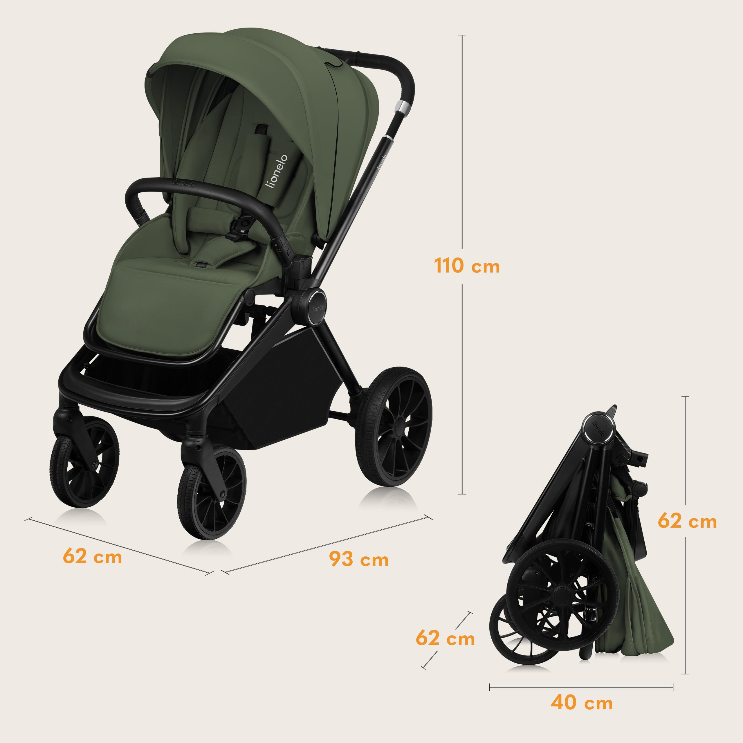 LIONELO MIKA PLUS Poussette Poussette Enfant 6-48 Mois jusqu'à 22 kg, Dossier et Repose-Pieds Réglables, Amortissement, Roues Rotatives PU 360° Cabine Étanche XXL, UPF50+ | Dossier et repose-pieds réglables, suspension, roues en polyuréthane rotatives à 3