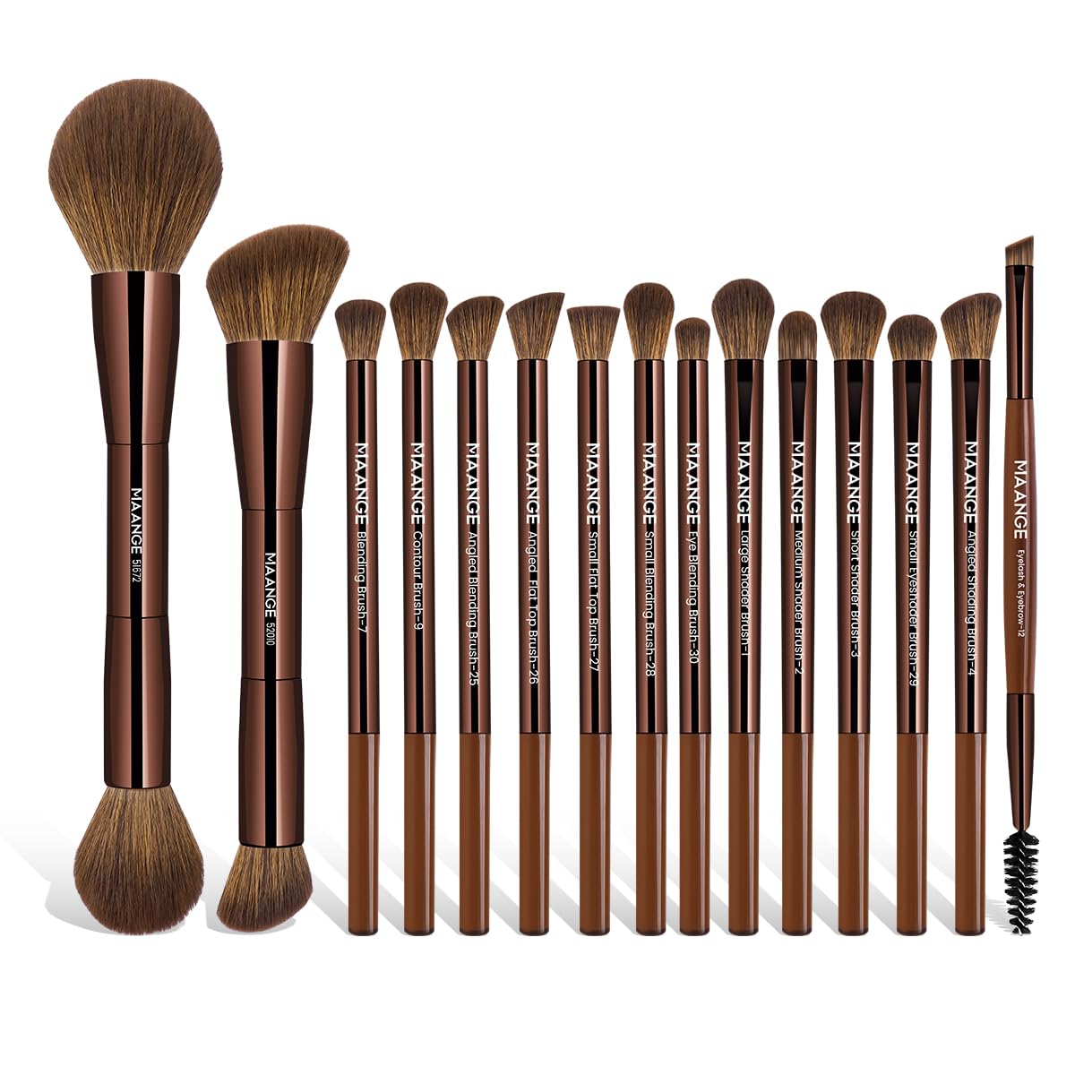 MAANGE Set di 15 pennelli da trucco a doppia estremità, con punta angolata/rotonda, per fondotinta, contouring, sopracciglia, ombretto, correttore (marrone)