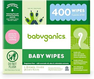Babyganics Unscented Baby Wipes 400 Count (5 Packs of 80) - Plant-Based, Gentle Diaper Wipes with Avocado Oil & Aloe