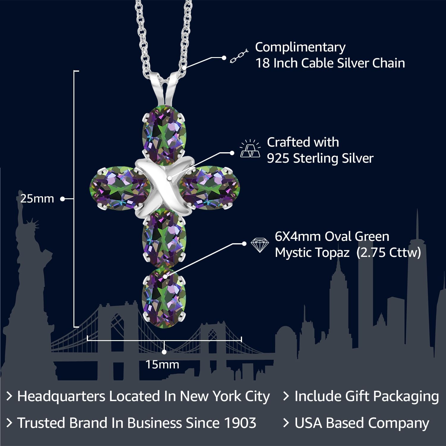 Gem Stone King Cross Pendant Necklace for Women | 925 Sterling Silver | 6X4MM Gemstone Birthstone | Jesus Christian Religious Crucifix Jewelry Gifts | 18 Inch Chain - Image 2