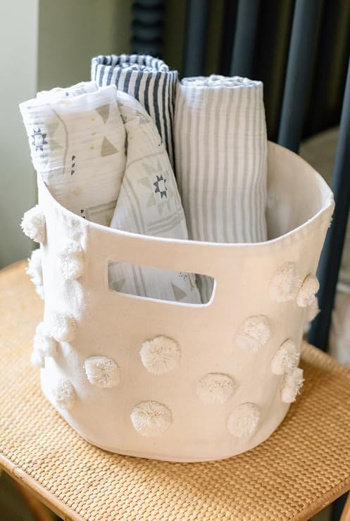 Pehr Pom Pom Basket, Pint (Natural) | 100% Cotton Canvas Storage for Nursery, Playroom & Home | Decorative Organizer | 10D x 9H