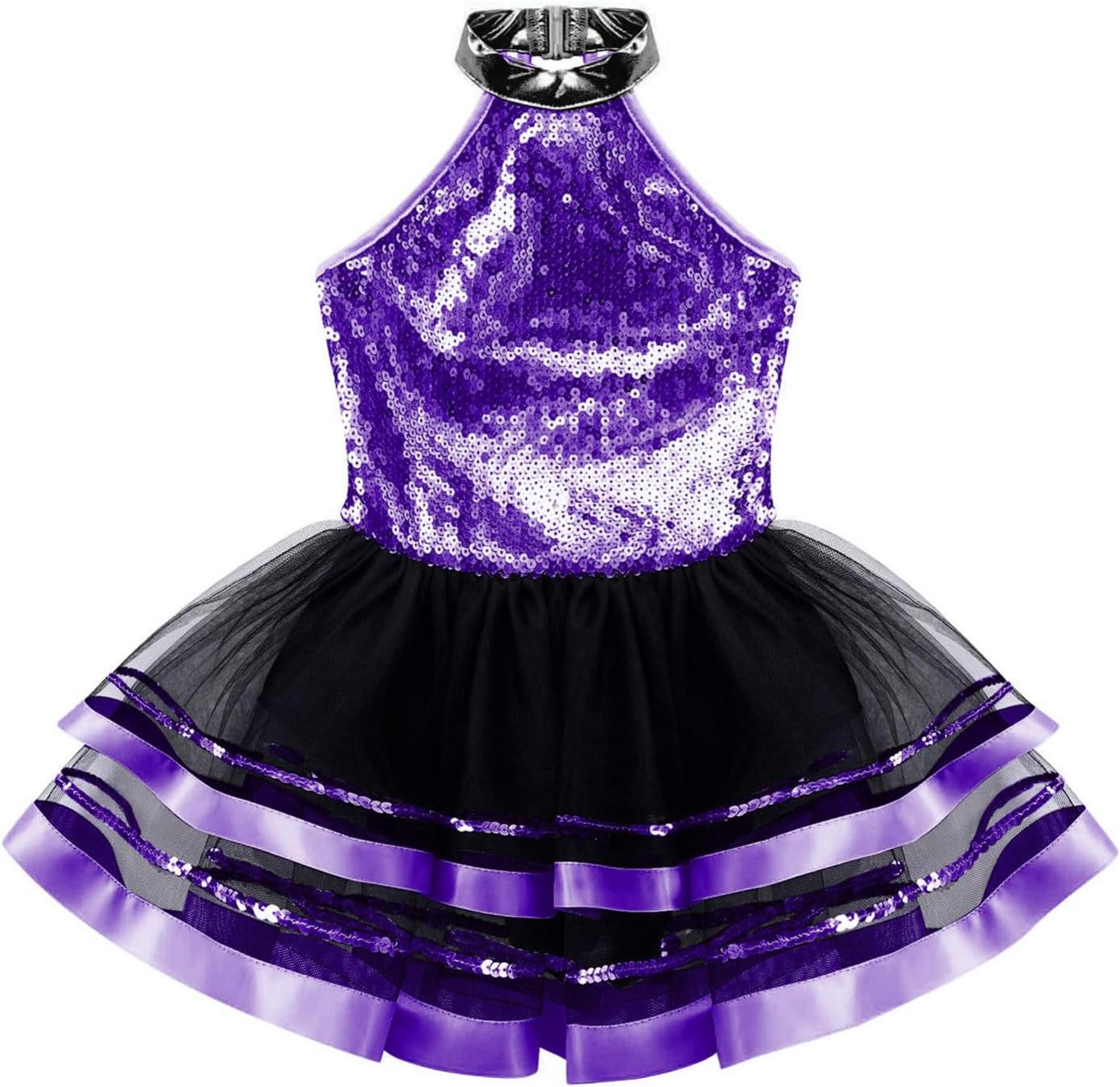 iEFiEL Girls Sequin Ballet Dance Dress Sleeveless Halter Neck Backless Tulle Tutu Ballerina Jazz Dance Dress for Competition
