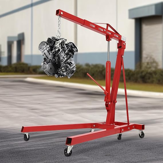 2 Ton Folding Hydraulic Engine Crane, Red Hydraulic Engine Hoist W/Wheels, Cherry Picker Shop Crane Lift, Carbon Steel Hydraulic Powered Hoist Lift, Heavy Duty Crane For Workshop, Warehouse, Wharves