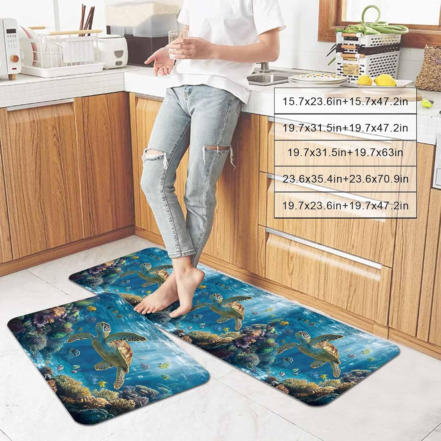 Prime Leader Ocean Tropical Animal Kitchen Mat Set 2 Pieces Abstract Turtle Fish Non Slip Kitchen Rugs Washable Runner Rug Mats for Sink Laundry (23.6" x 35.4"+23.6" x 70.9")