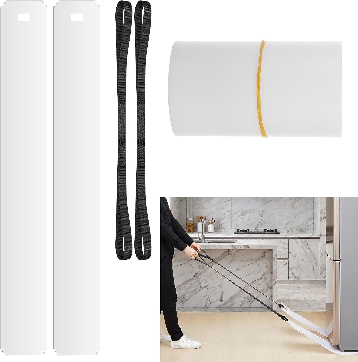2 Sets Long Appliance Slider with Pull Strap, Furniture Moving Mat, 8 x 60 Inches Large Appliance Slider for Hardwood Floors & Tile Floors Protection Glides Easily