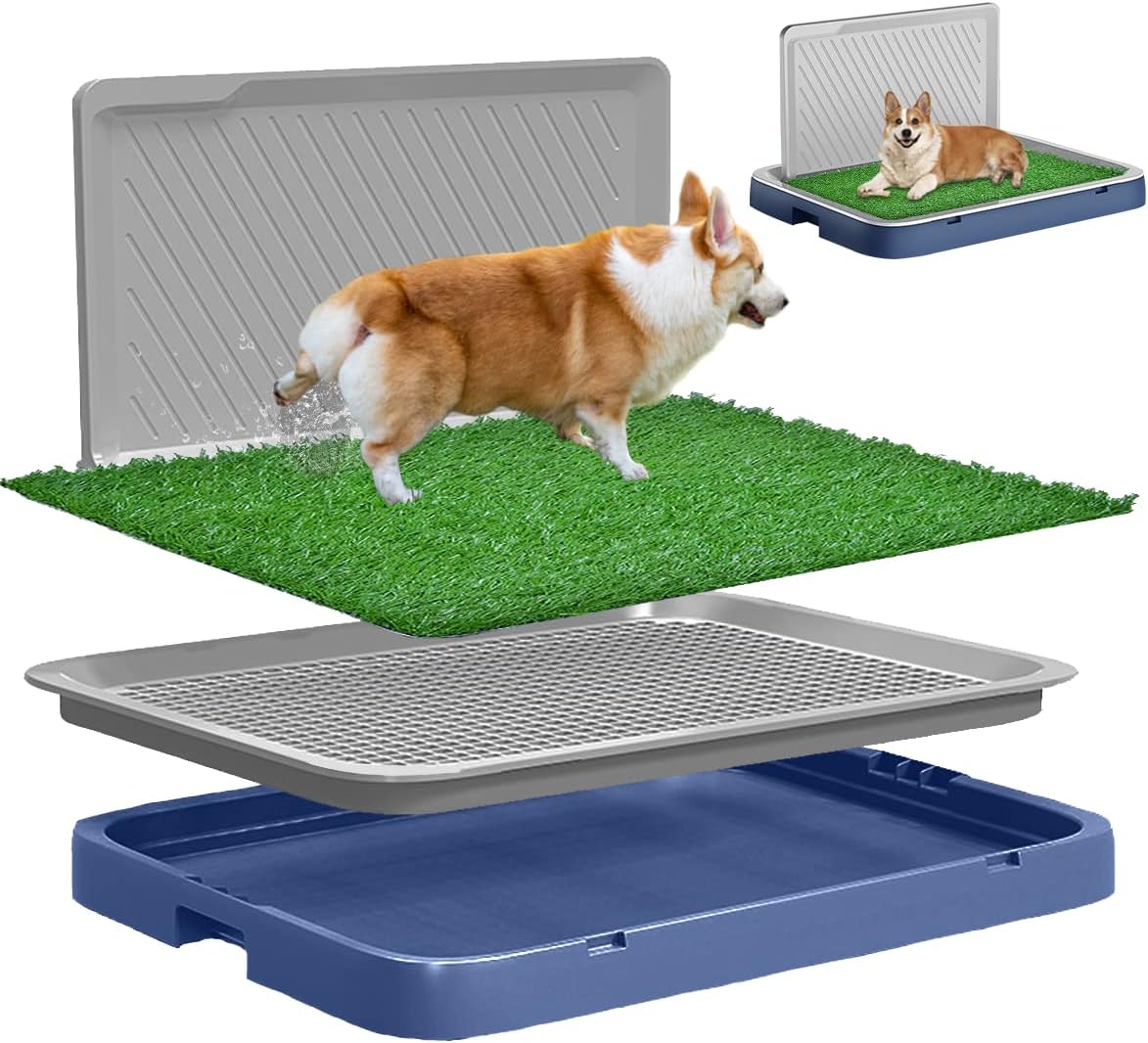 PETILALA Dog Grass Pad with Tray,24.8"x19.3" Fake Grass for Dogs to Pee On&Puppy Pet Pee Training,for Up to 70lbs Small/Medium Dog,with Simulation Wall