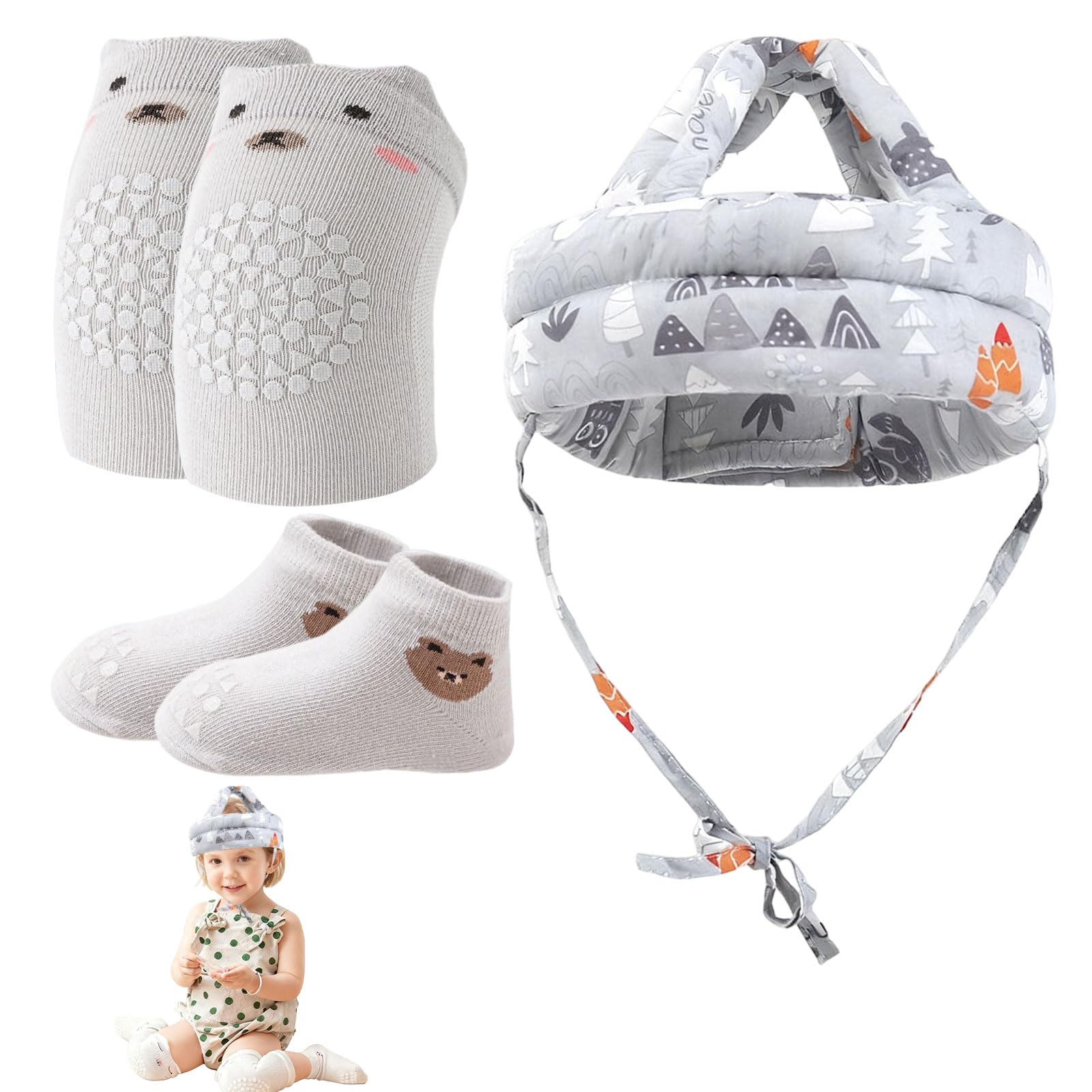 Baby Safety Helmet Set,Baby Head Protector with Anti-Slip Knee Pads and Grip Socks for Infant,Baby Safety Helmet,Soft B aby S afety H elmet for Toddlers Learning to Crawl & Walk
