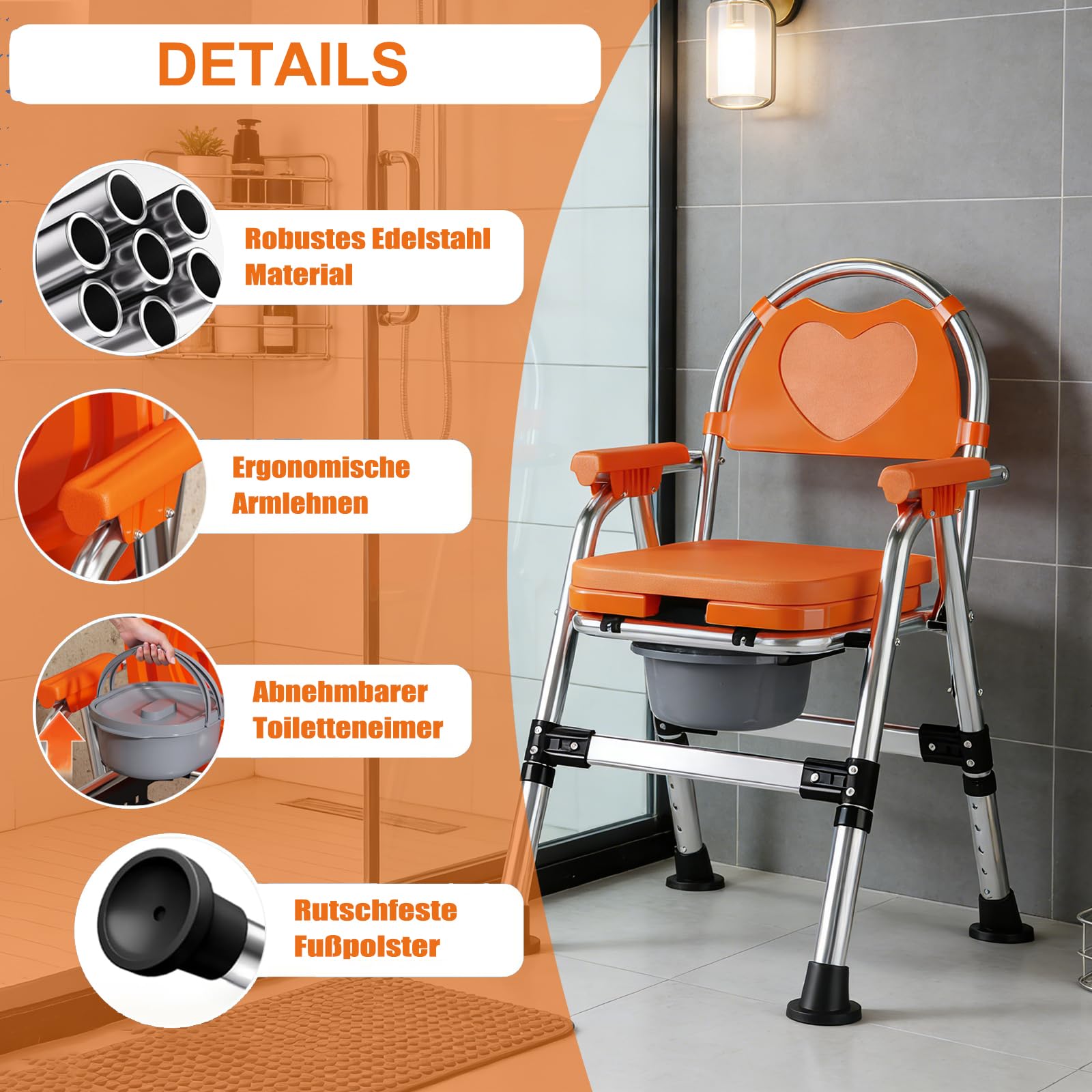 Toilettenstuhl Klappbar für Senioren höhenverstellbar mit Armlehne | Faltbares Design für platzsparende Aufbewahrung, Herausnehmbarer Eimer mit Deckel, stabile Konstruktion, leichte Reinigung