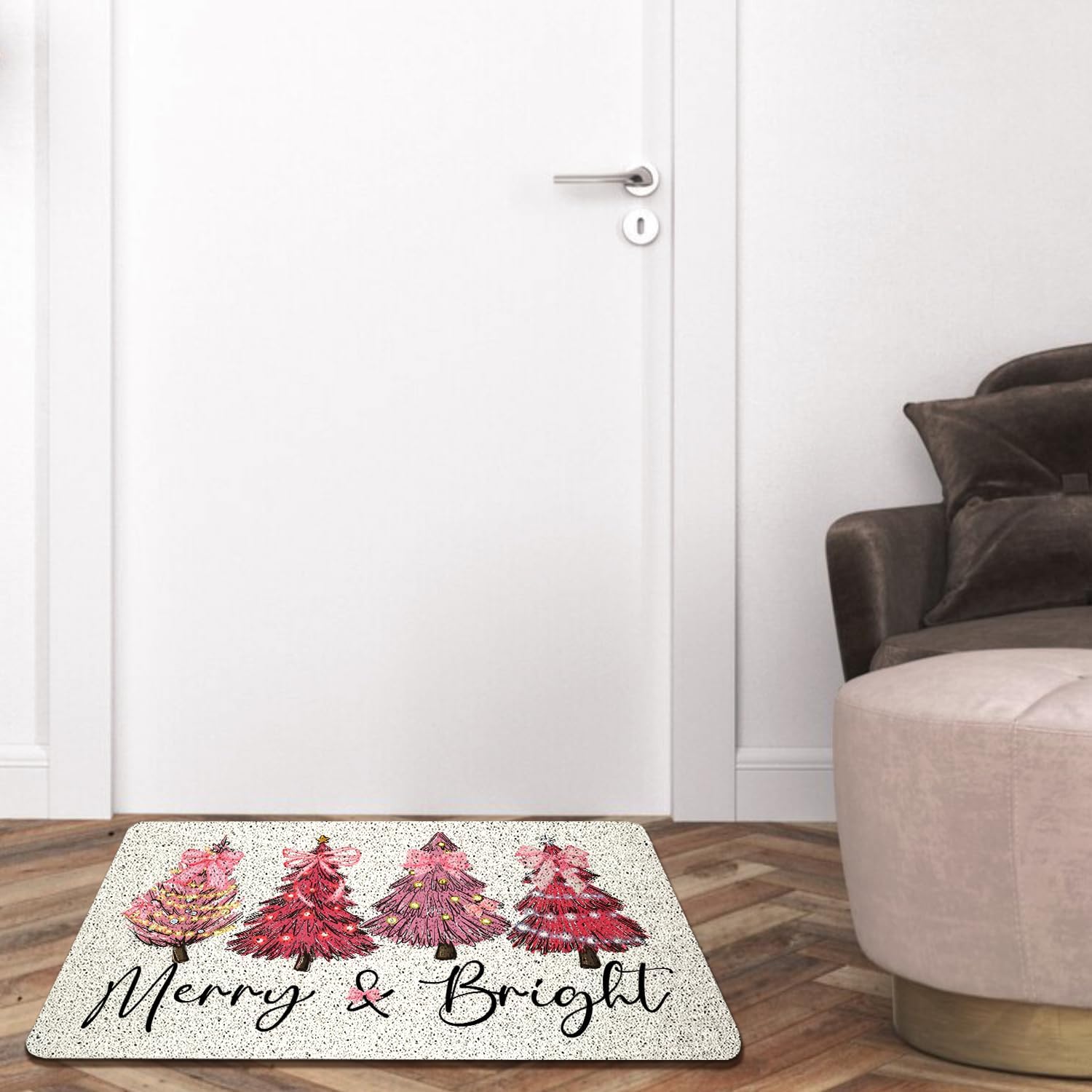 Merry and Bright Christmas Door Mat, Coquette Red Bow Christmas Trees Door Mats Outside, Christmas Welcome Mat for Front Door, Christmas Mats for Front Door Porch, 17x30 Inches