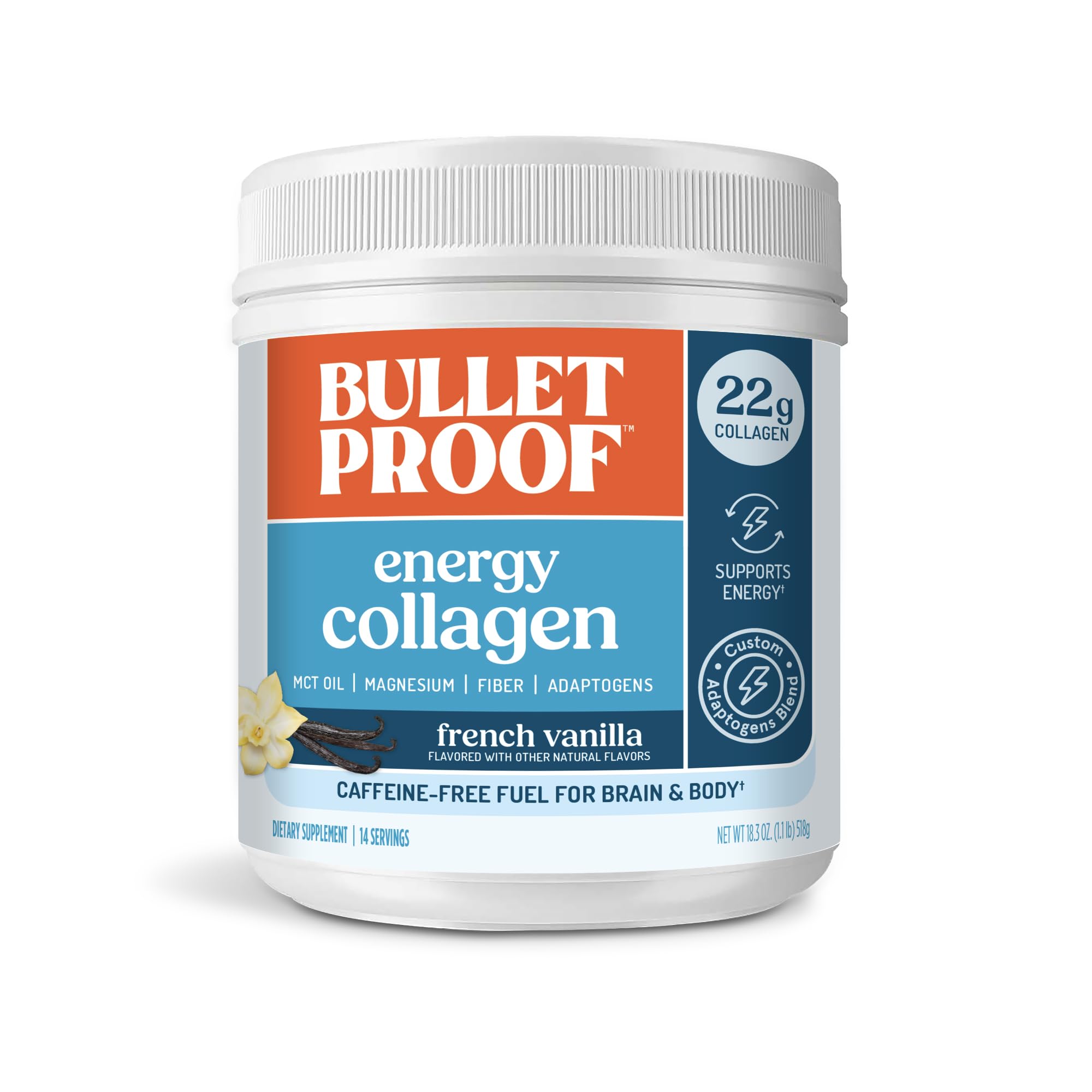 Bulletproof Vanilla Bean Energy Collagen Protein Powder, 18.3 Ounces, Caffeine-Free Fuel with Vitamins and Antioxidants, Packaging May Vary